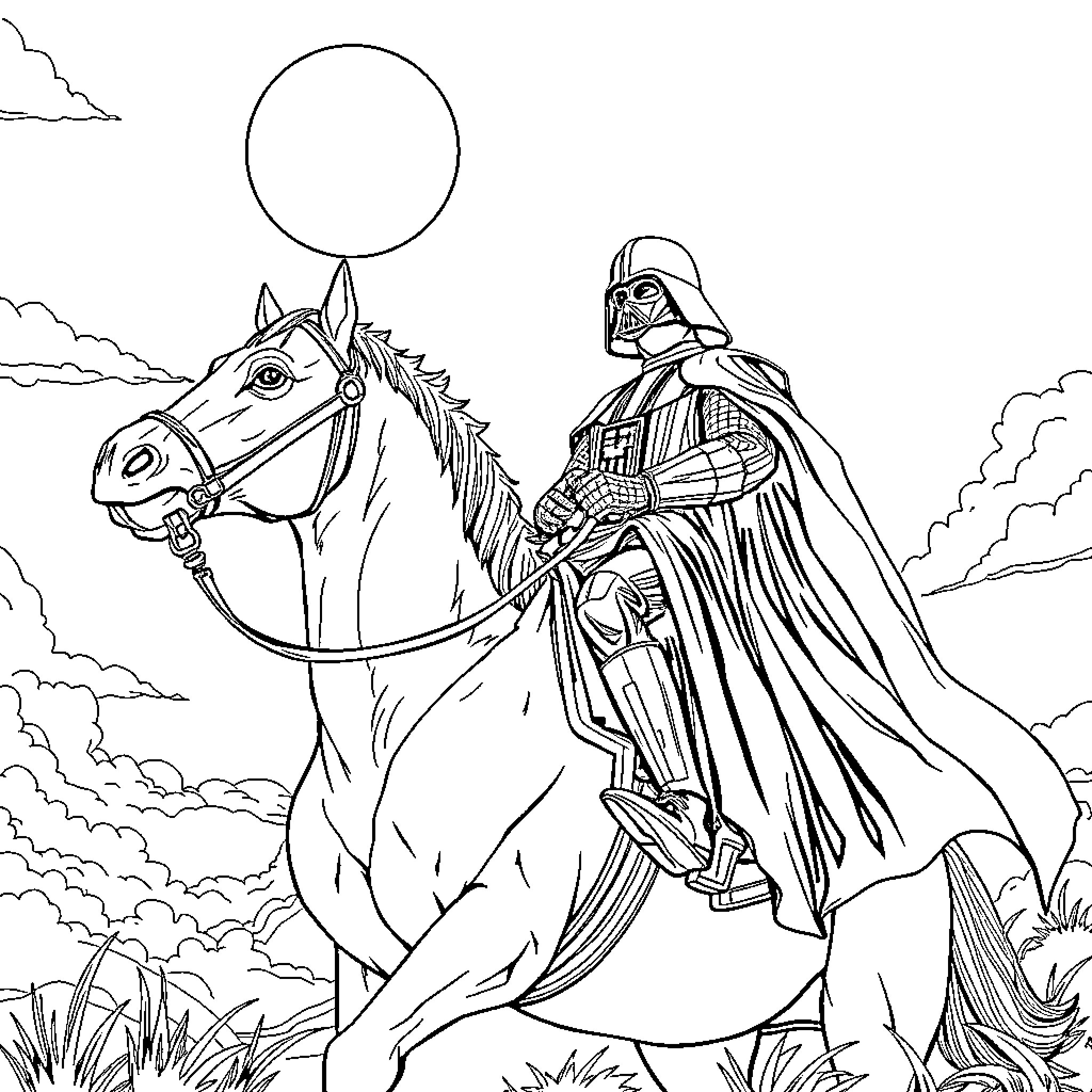 Darth Vader riding a horse under a crescent moon Coloring Page (free black-and-white line drawing printable PDF for all, from beginners to advanced learners, including children, teens, adults, and seniors)