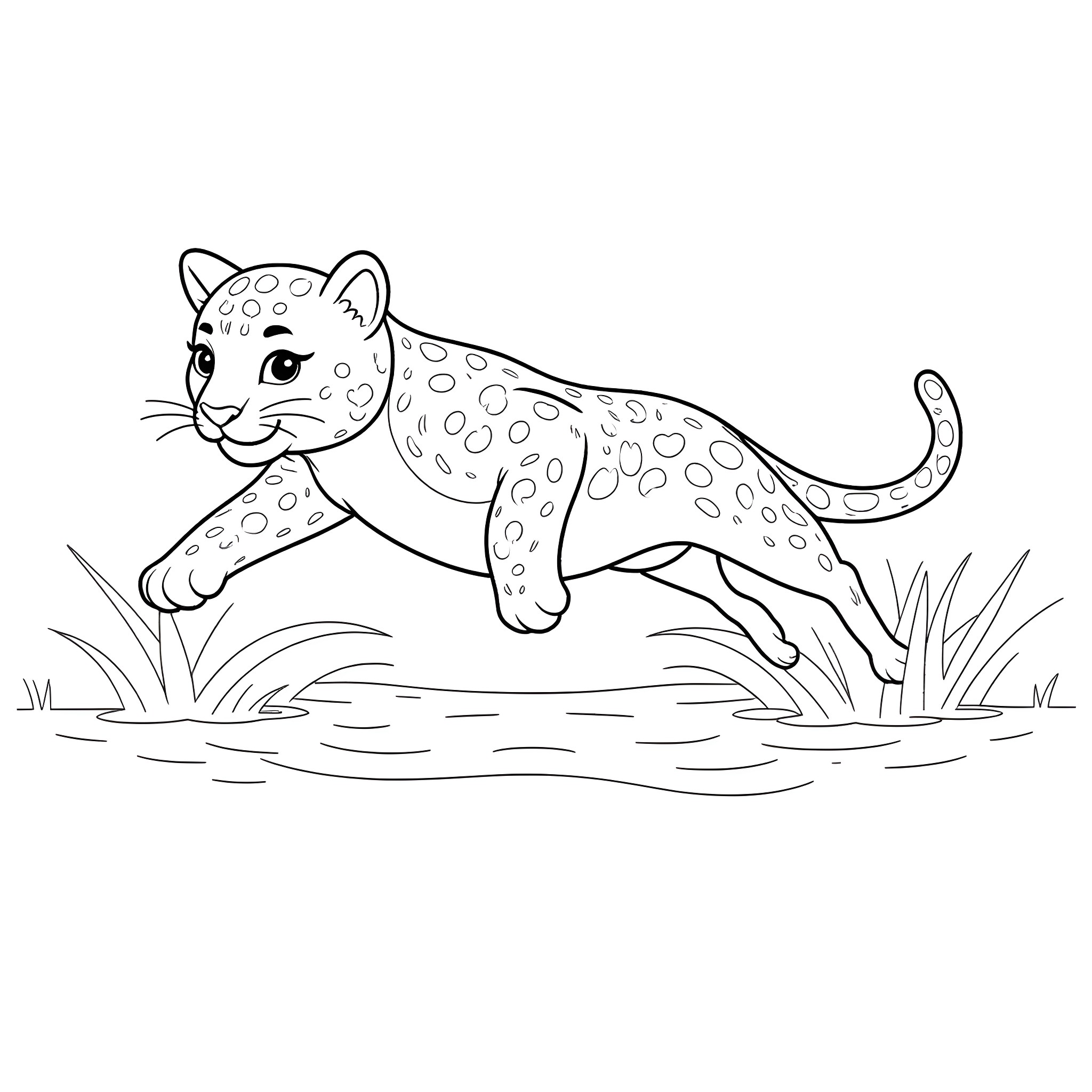 Jaguar cub playing in the grass Coloring Page (free black-and-white line drawing printable PDF for all, from beginners to advanced learners, including children, teens, adults, and seniors)