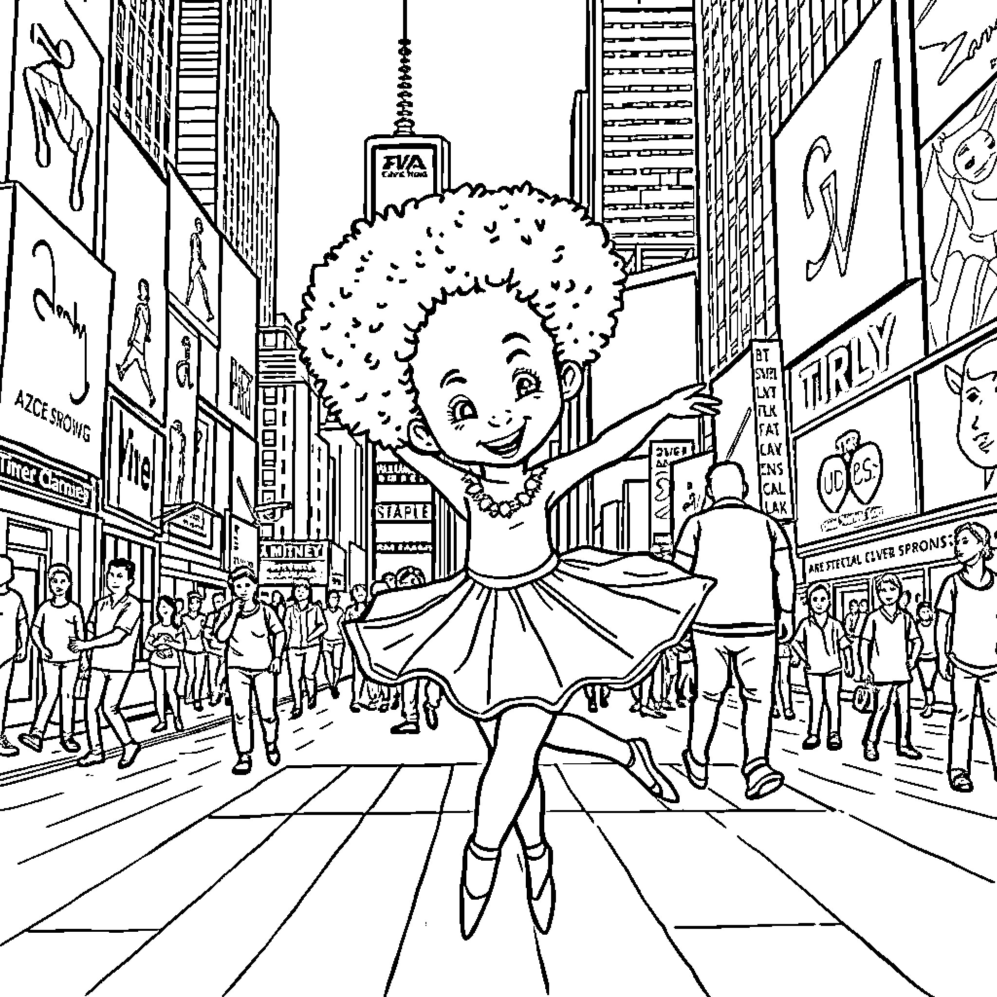 Ballerina Dances Joyfully in the City Streets Coloring Page (free black-and-white line drawing printable PDF for all, from beginners to advanced learners, including children, teens, adults, and seniors)