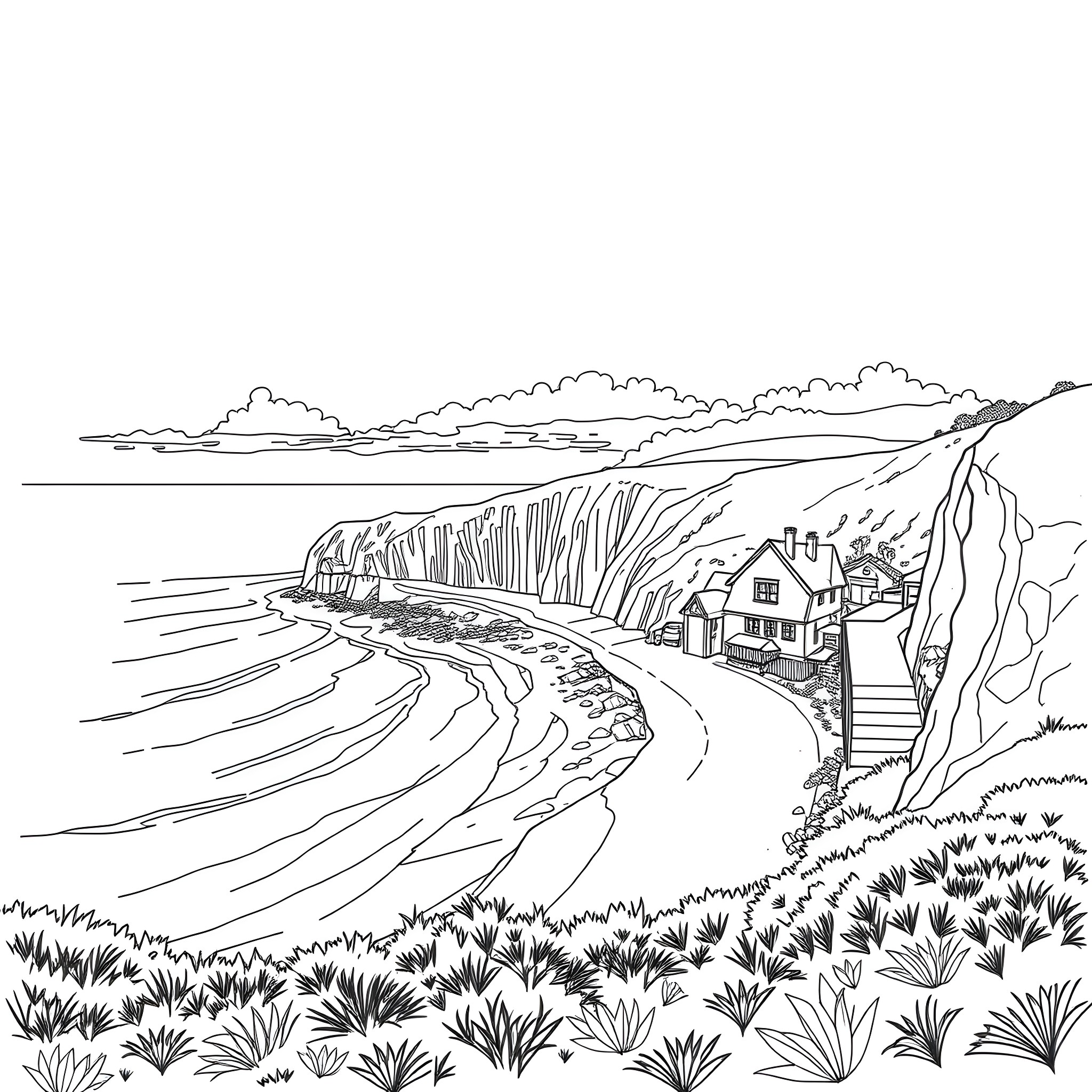 Kiama coastal town with scenic cliffs and houses Coloring Page (free black-and-white line drawing printable PDF for all, from beginners to advanced learners, including children, teens, adults, and seniors)
