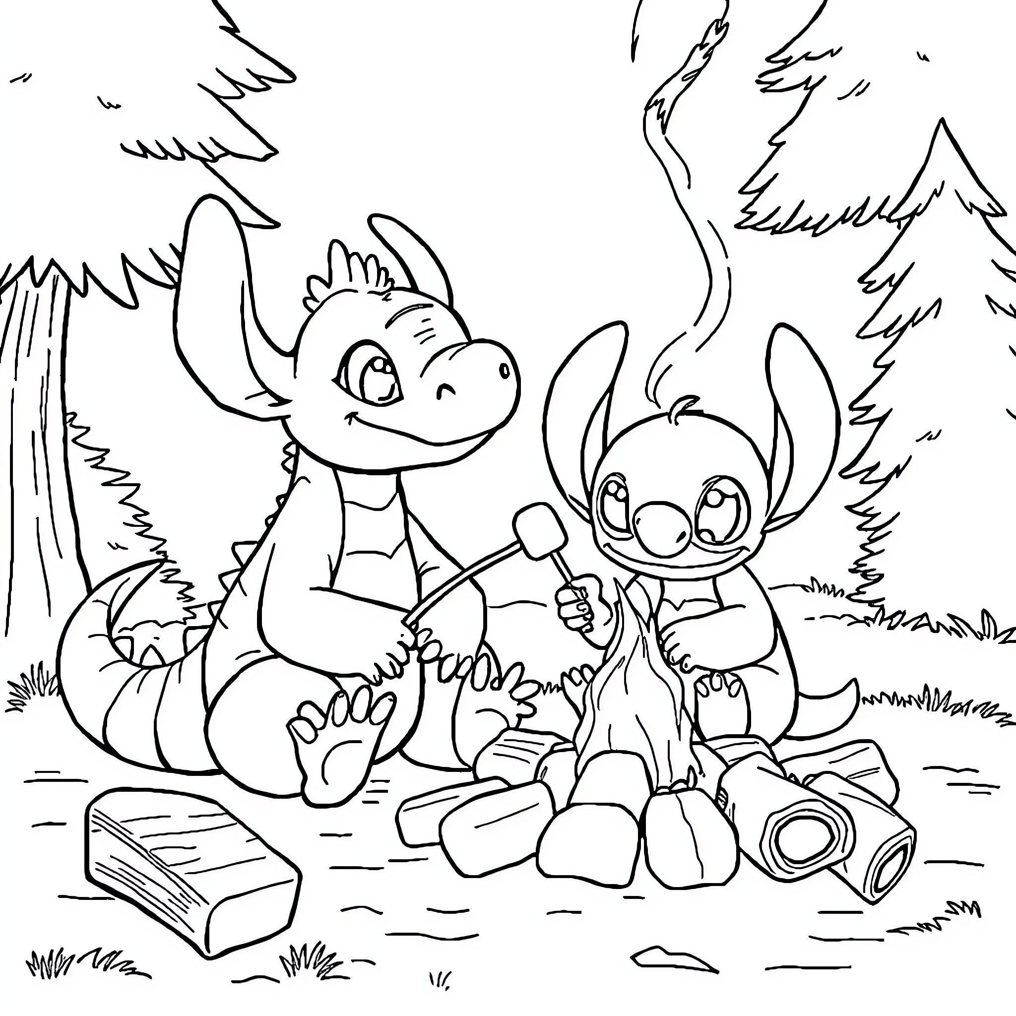 Dragon-like creatures having a playful moment in the forest Coloring Page (free black-and-white line drawing printable PDF for all, from beginners to advanced learners, including children, teens, adults, and seniors)