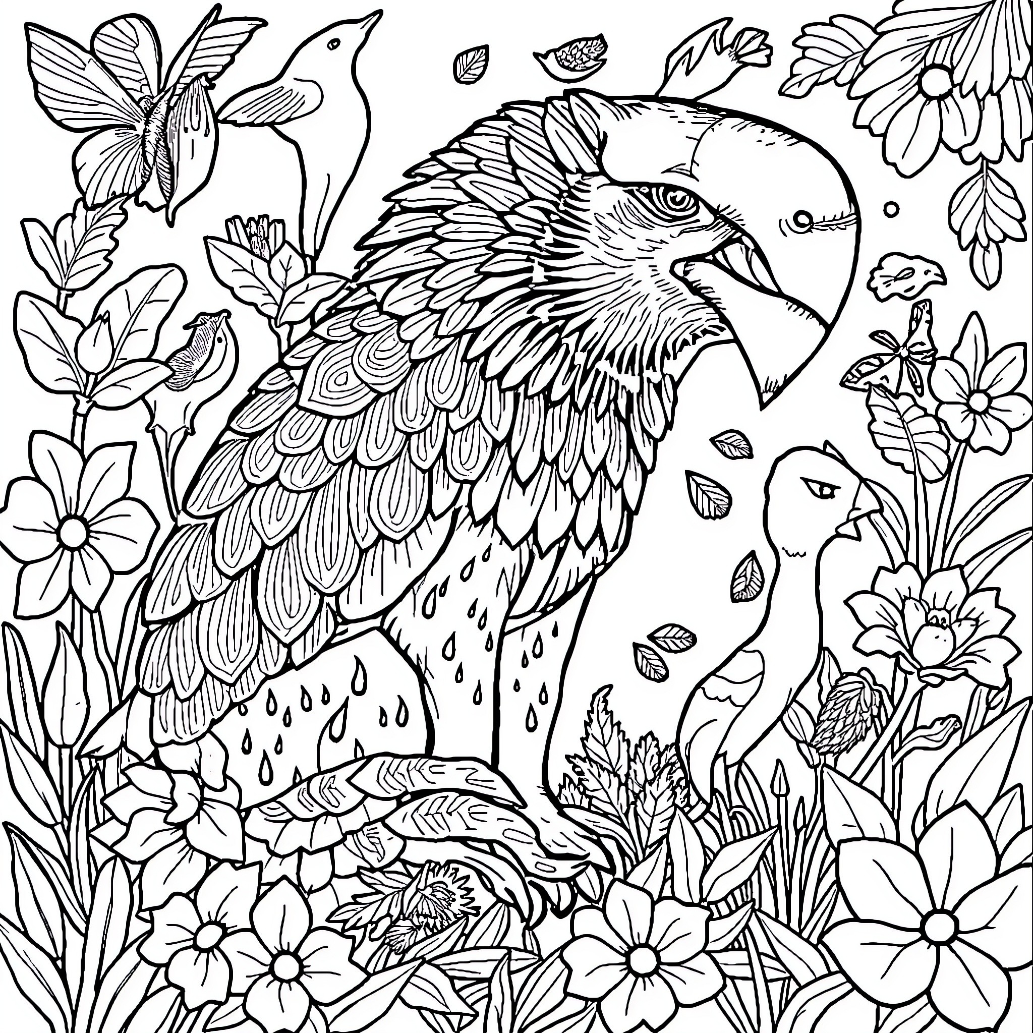 Animal surrounded by nature and flowers Coloring Page (free black-and-white line drawing printable PDF for all, from beginners to advanced learners, including children, teens, adults, and seniors)