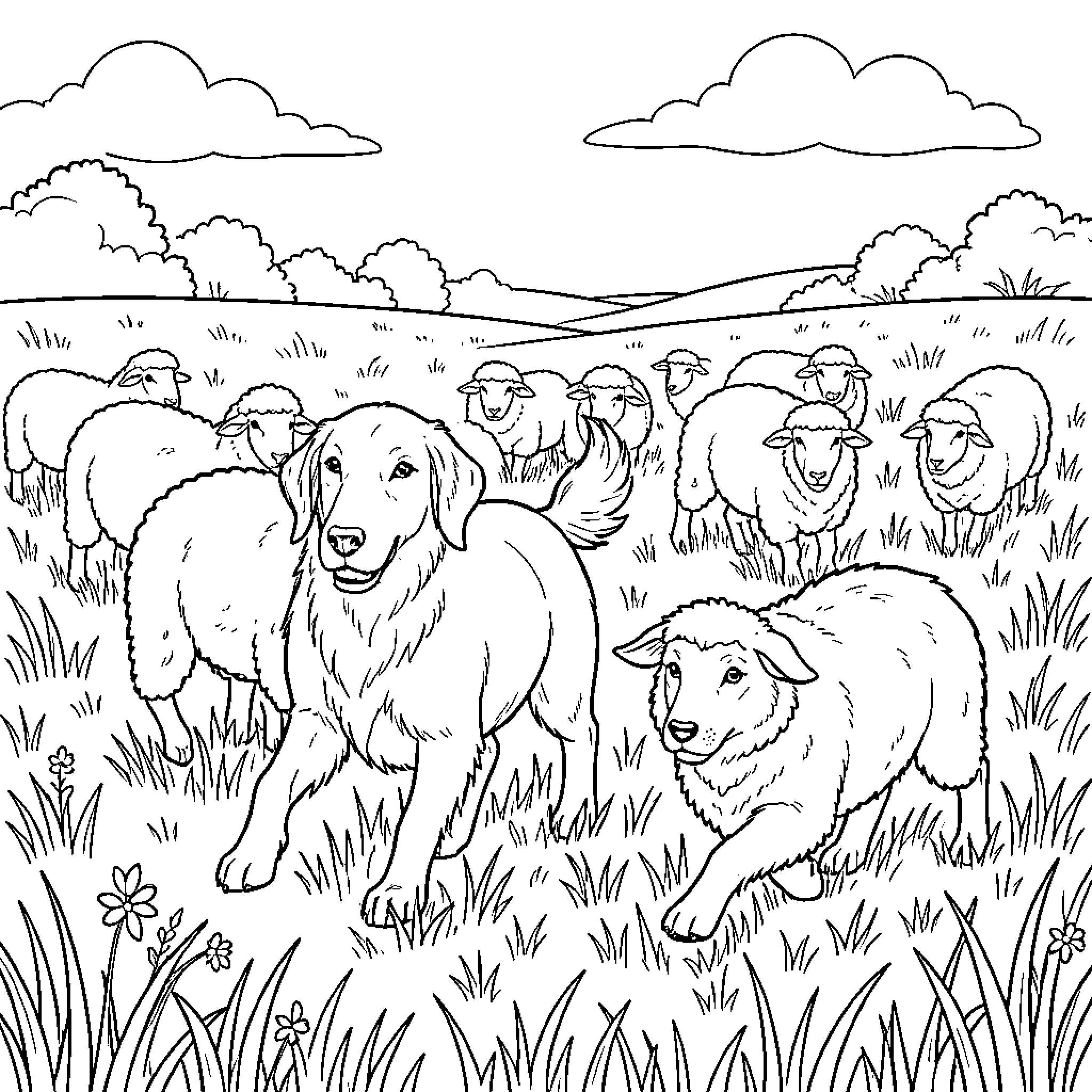 Sheepdog standing alertly among a flock of sheep Coloring Page (free black-and-white line drawing printable PDF for all, from beginners to advanced learners, including children, teens, adults, and seniors)