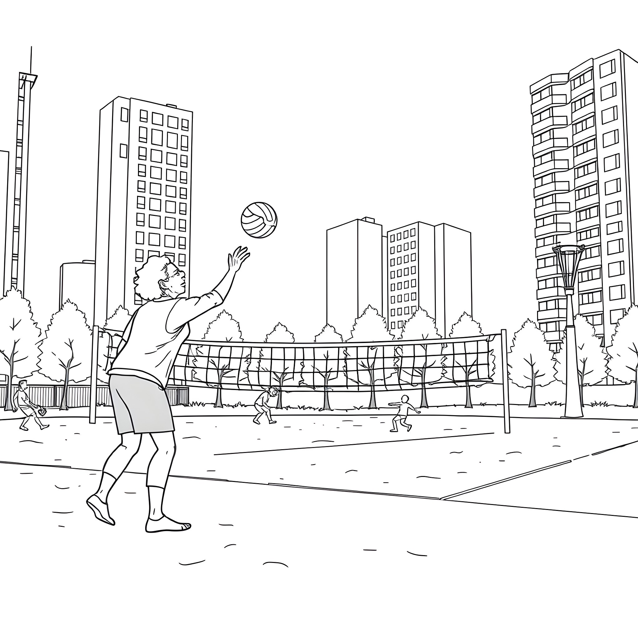 Grandma playing volleyball in the park Coloring Page (free black-and-white line drawing printable PDF for all, from beginners to advanced learners, including children, teens, adults, and seniors)