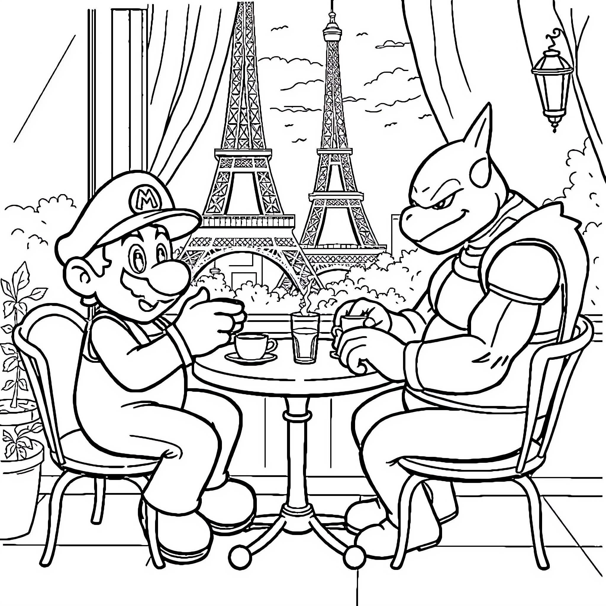 Character enjoying coffee with friend in Paris cafe Coloring Page (free black-and-white line drawing printable PDF for all, from beginners to advanced learners, including children, teens, adults, and seniors)
