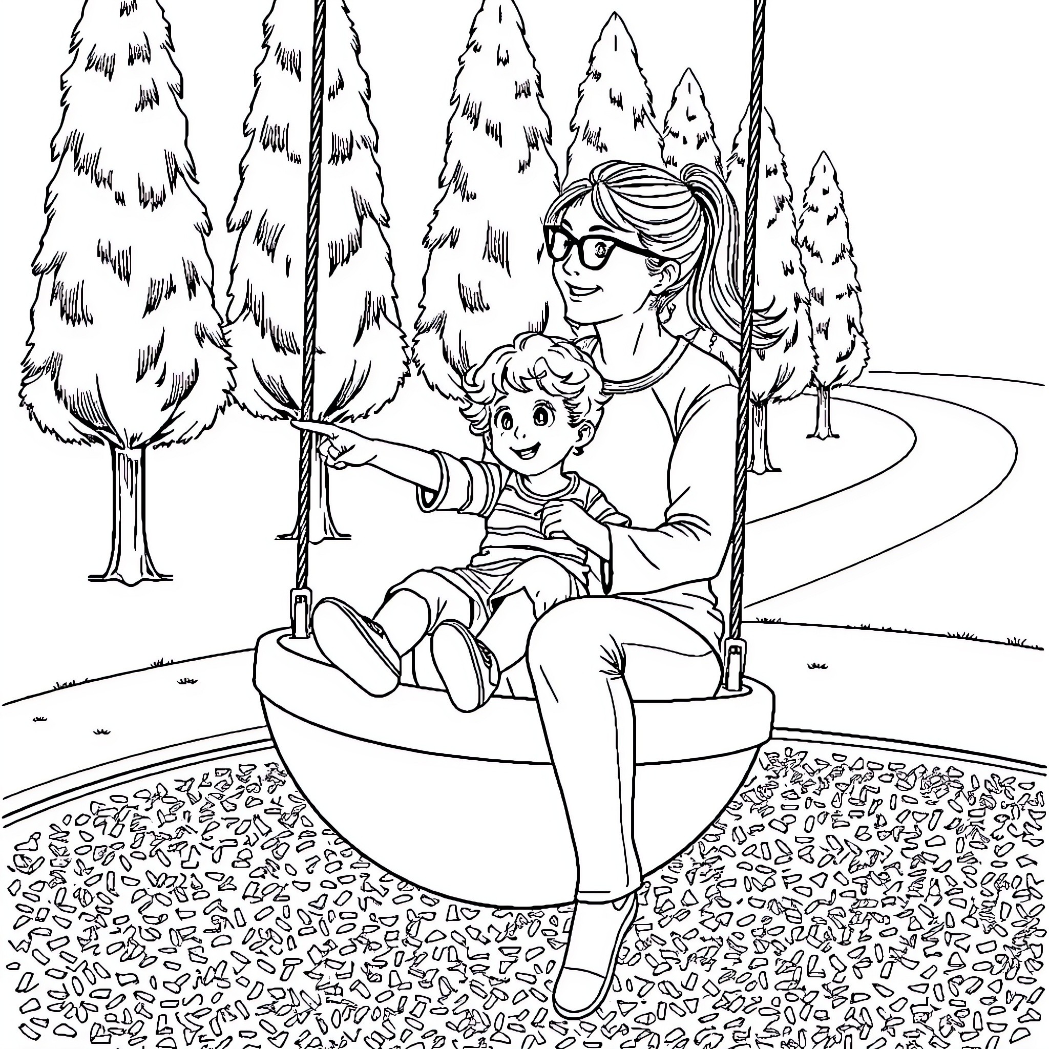 Woman and child enjoying outdoor swing in forest Coloring Page (free black-and-white line drawing printable PDF for all, from beginners to advanced learners, including children, teens, adults, and seniors)