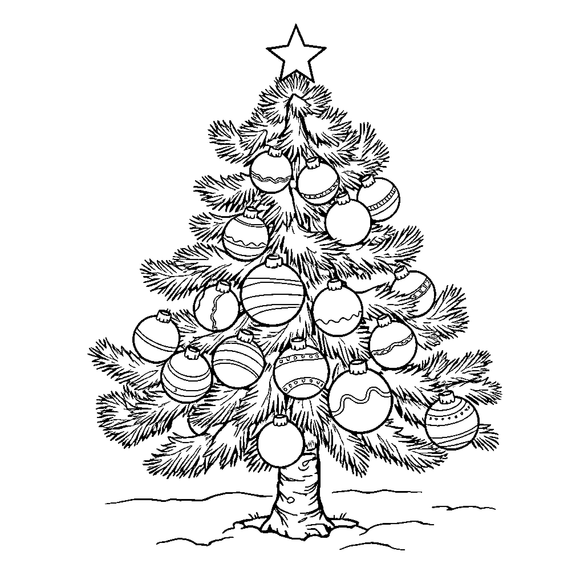 Christmas Tree Decorated with Ornaments and Star Coloring Page (free black-and-white line drawing printable PDF for all, from beginners to advanced learners, including children, teens, adults, and seniors)
