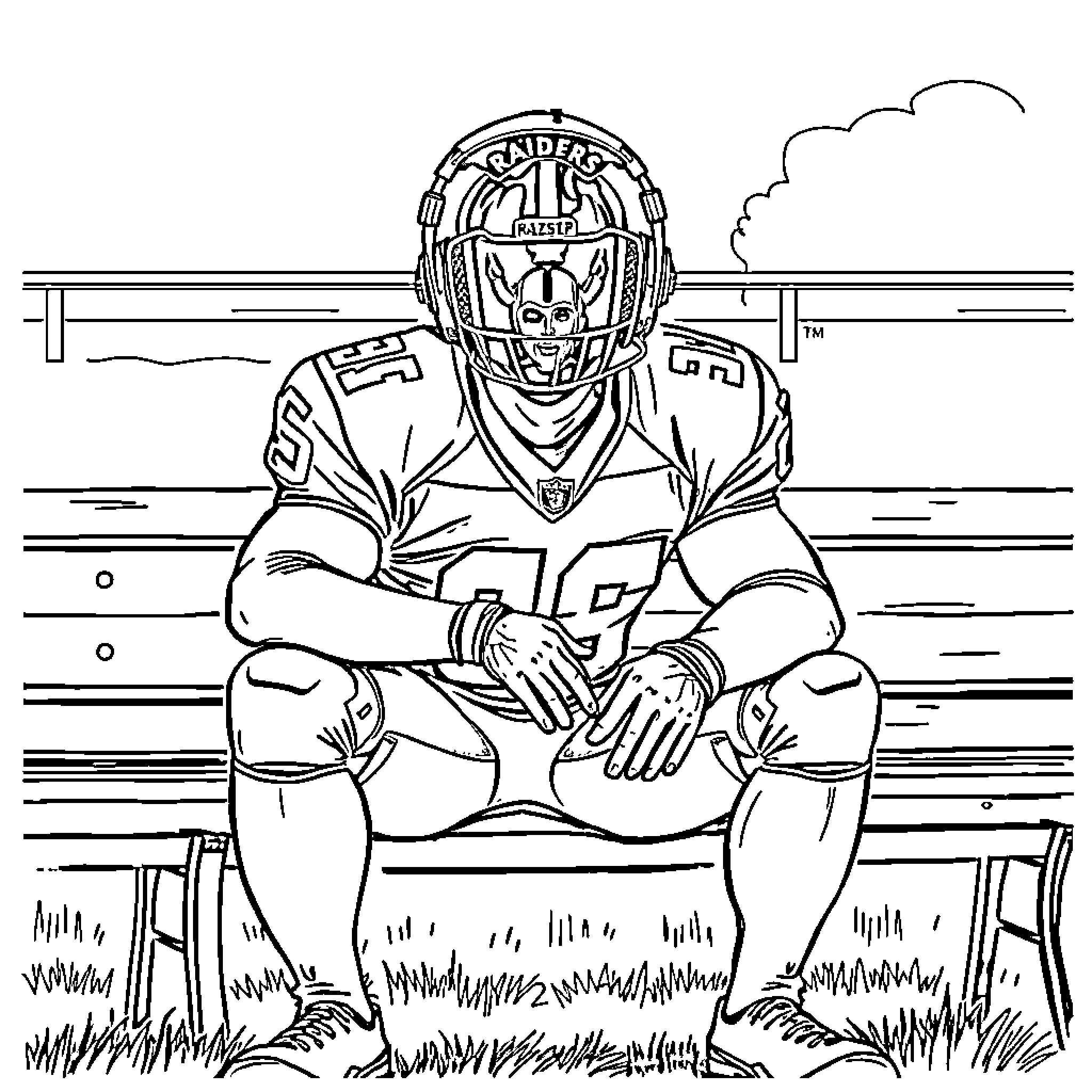Football Player in Uniform on Grassy Sideline Coloring Page (free black-and-white line drawing printable PDF for all, from beginners to advanced learners, including children, teens, adults, and seniors)