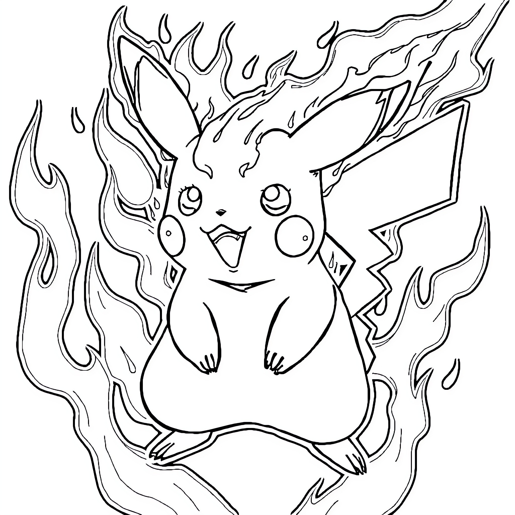 Pikachu surrounded by fiery flames Coloring Page (free black-and-white line drawing printable PDF for all, from beginners to advanced learners, including children, teens, adults, and seniors)