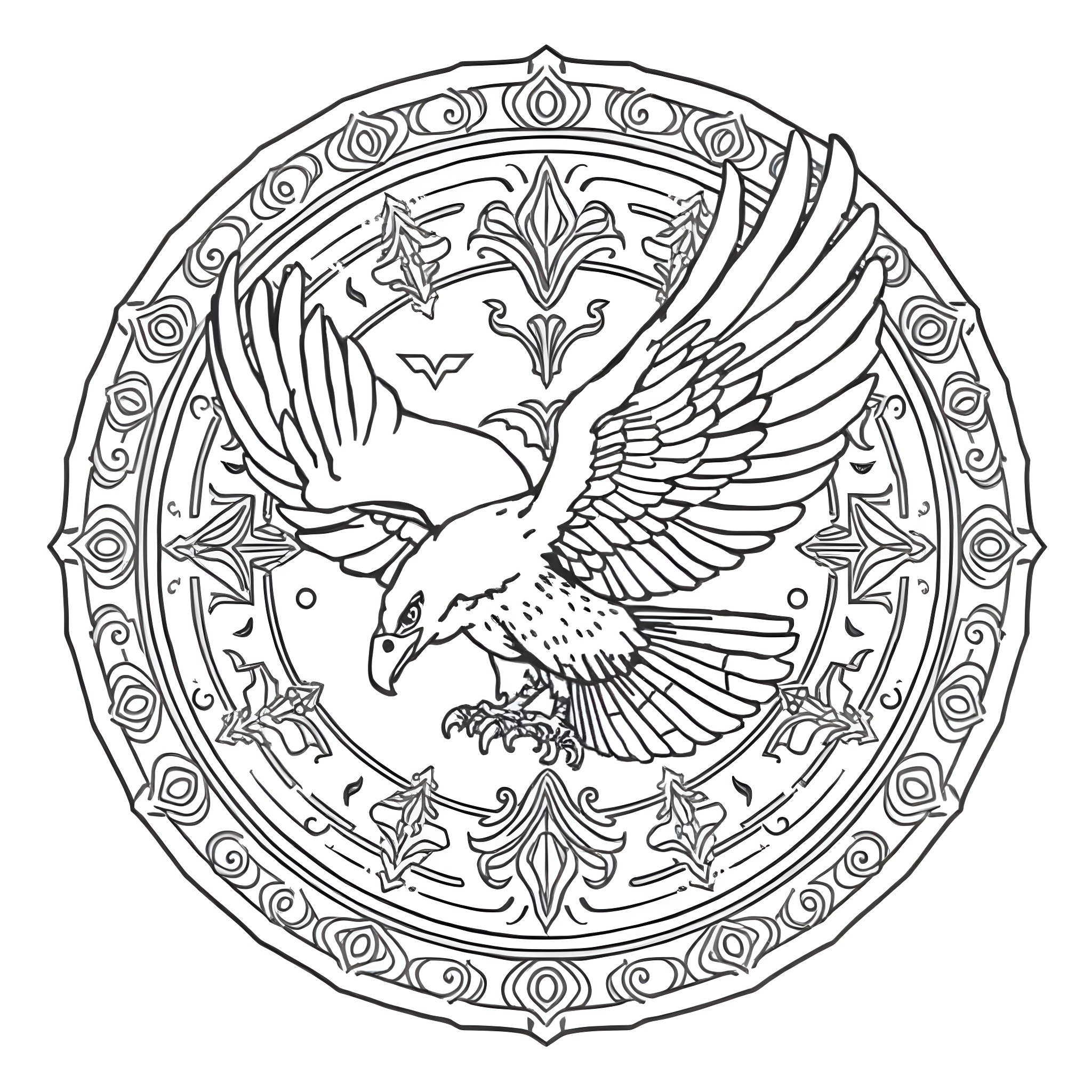 Eagle soaring majestically in ornate mandala frame Coloring Page (free black-and-white line drawing printable PDF for all, from beginners to advanced learners, including children, teens, adults, and seniors)