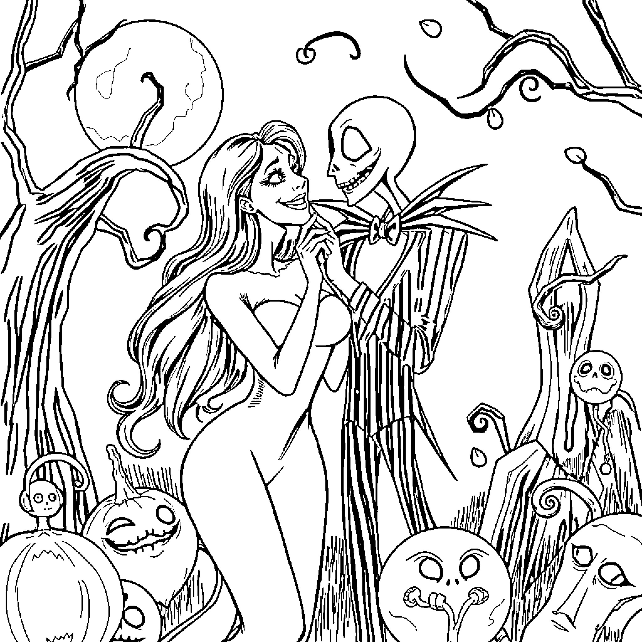 Elvira's Eerie Evening with Enchanting Otherworldly Companions Coloring Page (free black-and-white line drawing printable PDF for all, from beginners to advanced learners, including children, teens, adults, and seniors)