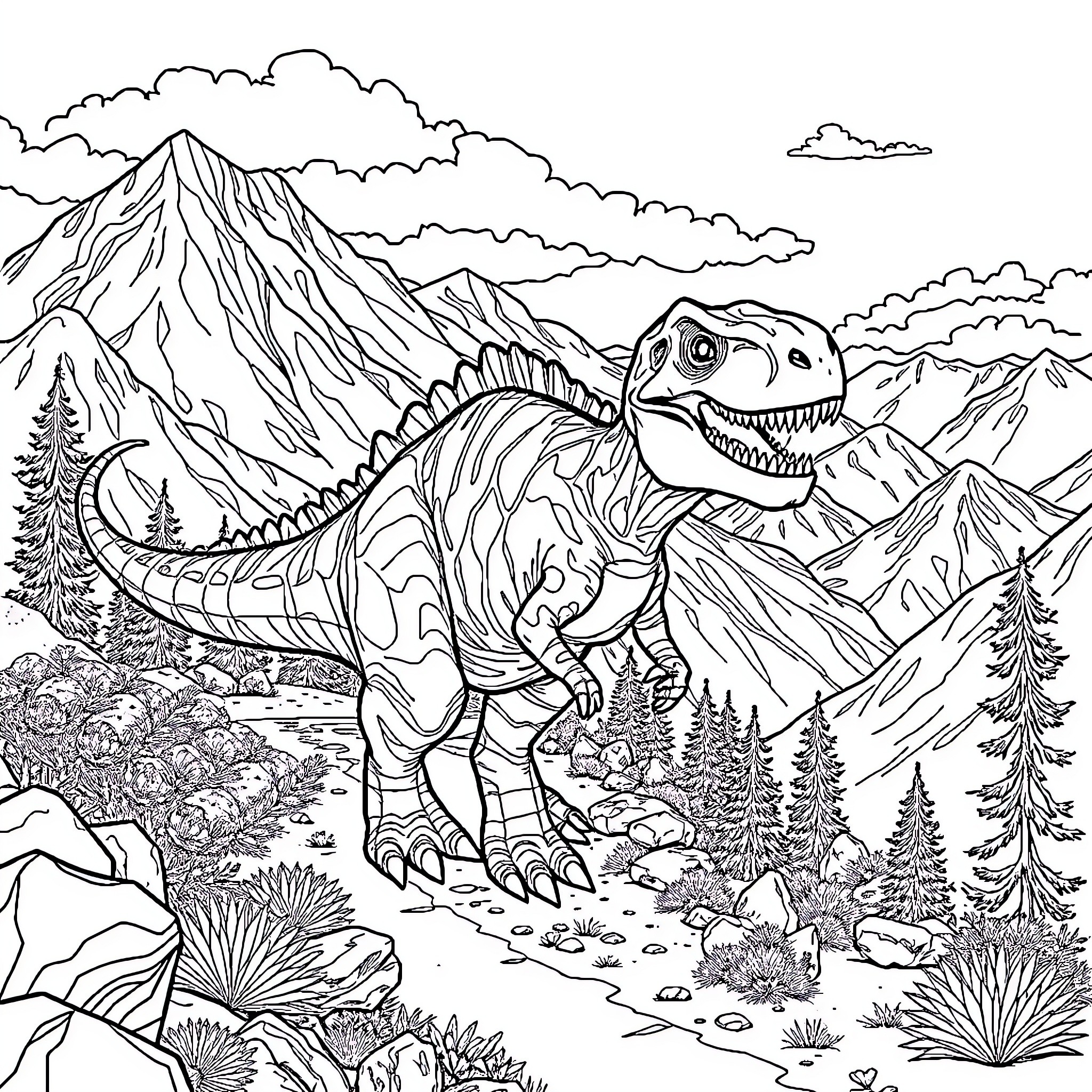 Dinosaur exploring rugged mountainous landscape Coloring Page (free black-and-white line drawing printable PDF for all, from beginners to advanced learners, including children, teens, adults, and seniors)