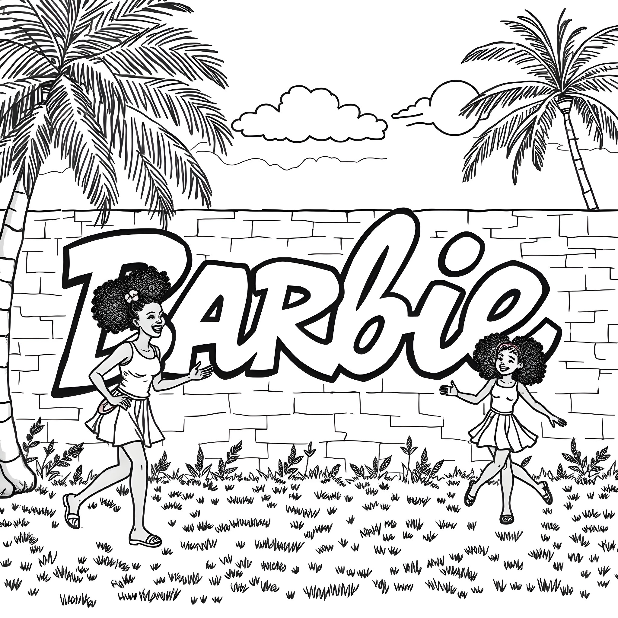 Barbie enjoying a sunny day with her friend Coloring Page (free black-and-white line drawing printable PDF for all, from beginners to advanced learners, including children, teens, adults, and seniors)