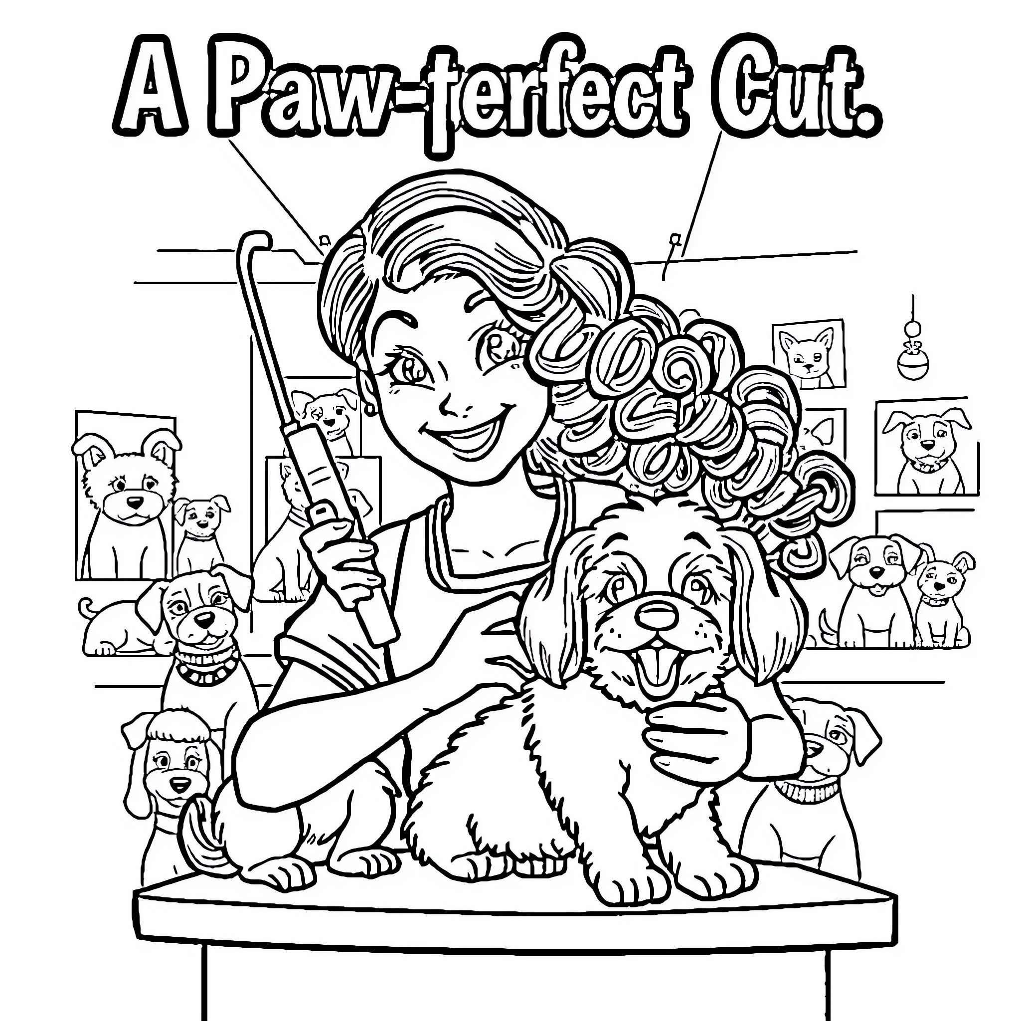 Dog Groomer Styling a Furry Companion Coloring Page (free black-and-white line drawing printable PDF for all, from beginners to advanced learners, including children, teens, adults, and seniors)