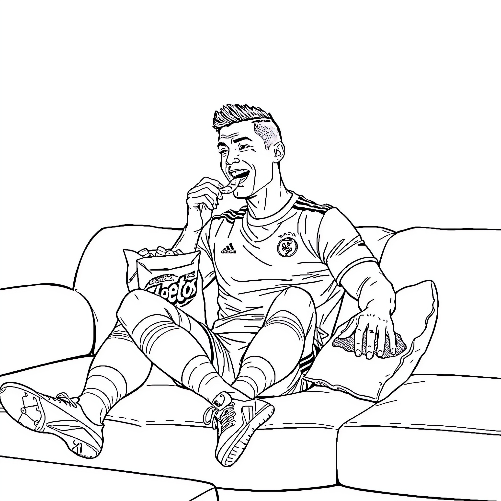Cristiano Ronaldo relaxing on the field Coloring Page (free black-and-white line drawing printable PDF for all, from beginners to advanced learners, including children, teens, adults, and seniors)