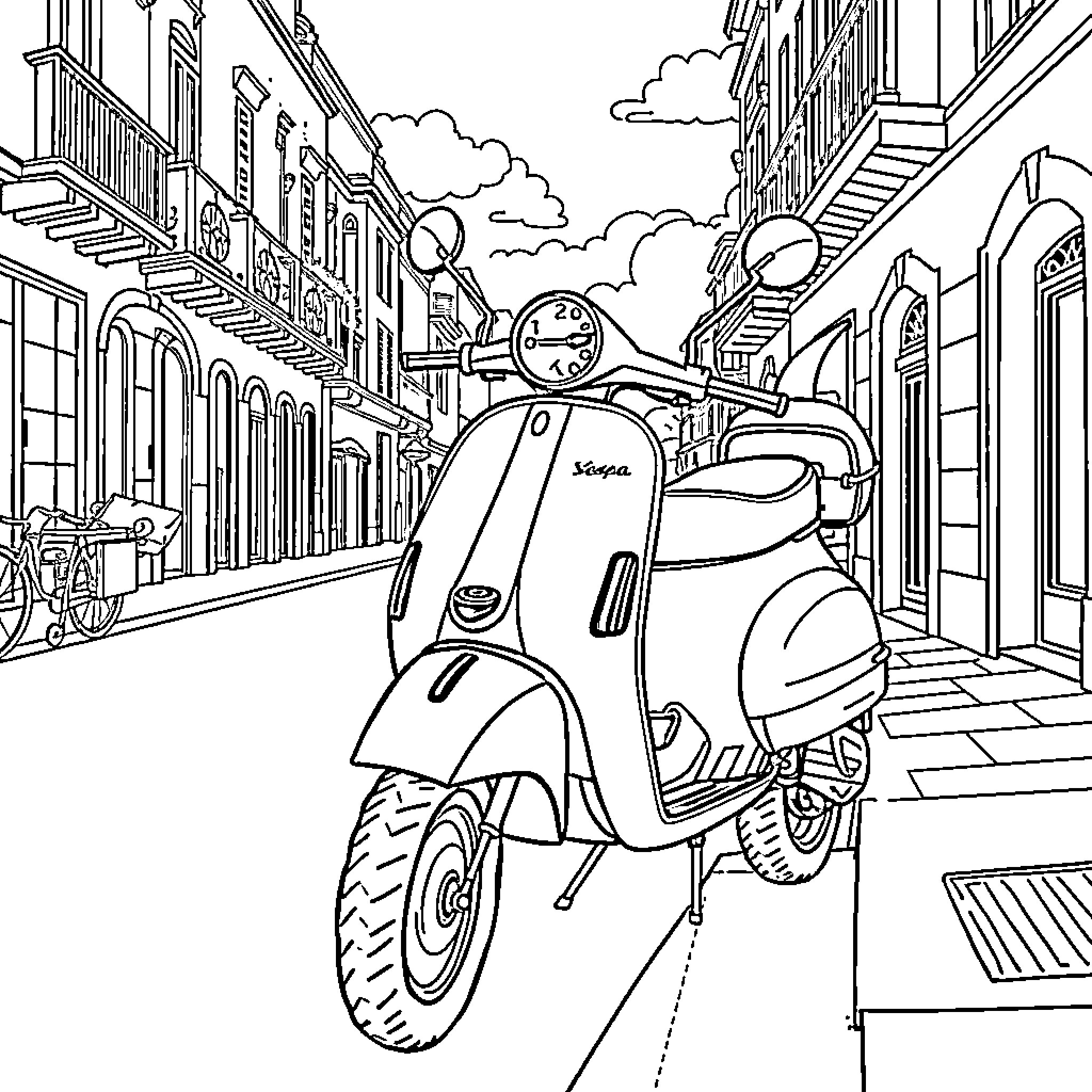 Vespa riding through an urban street Coloring Page (free black-and-white line drawing printable PDF for all, from beginners to advanced learners, including children, teens, adults, and seniors)