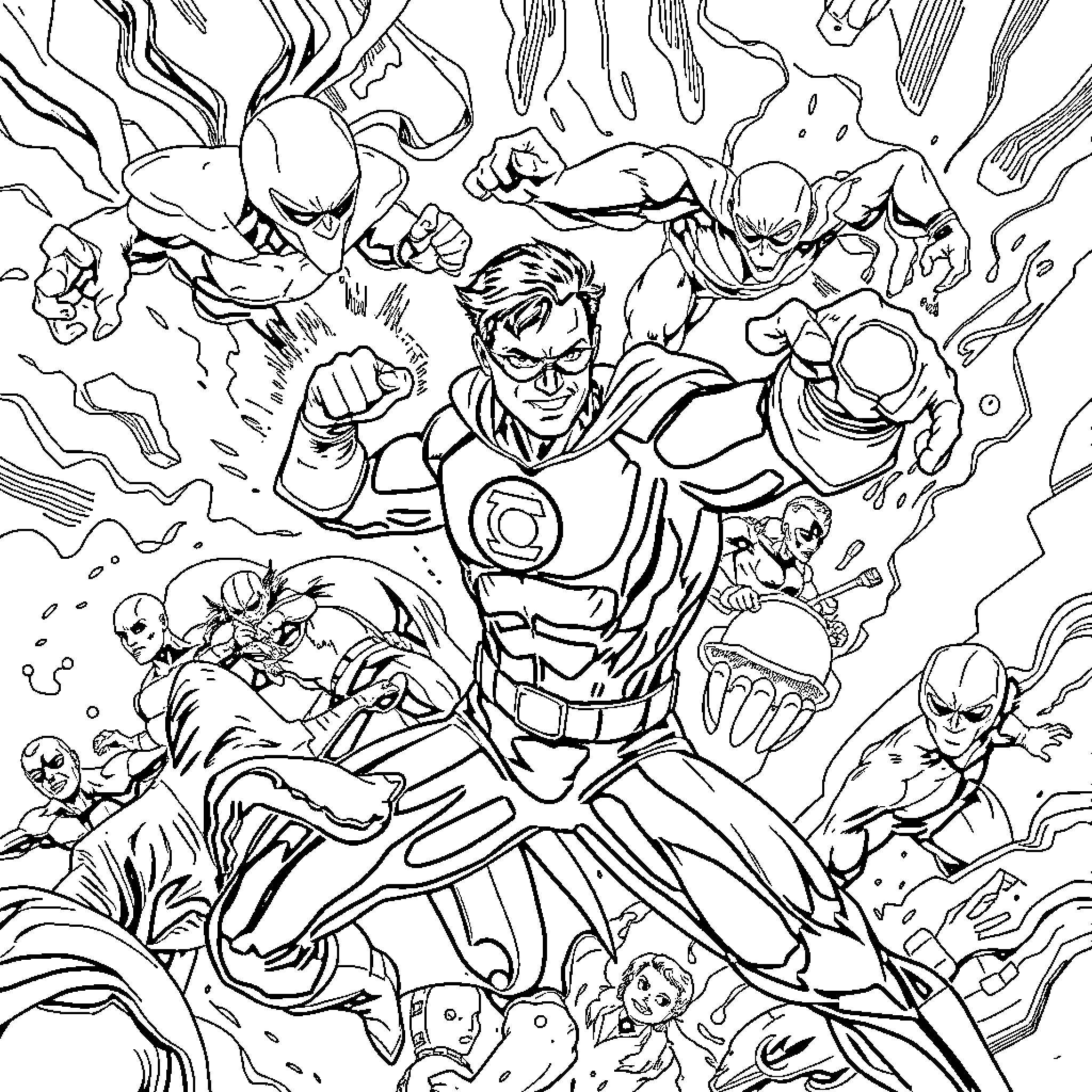 Green Lantern Leads Heroic Charge Against Villainous Forces Coloring Page (free black-and-white line drawing printable PDF for all, from beginners to advanced learners, including children, teens, adults, and seniors)