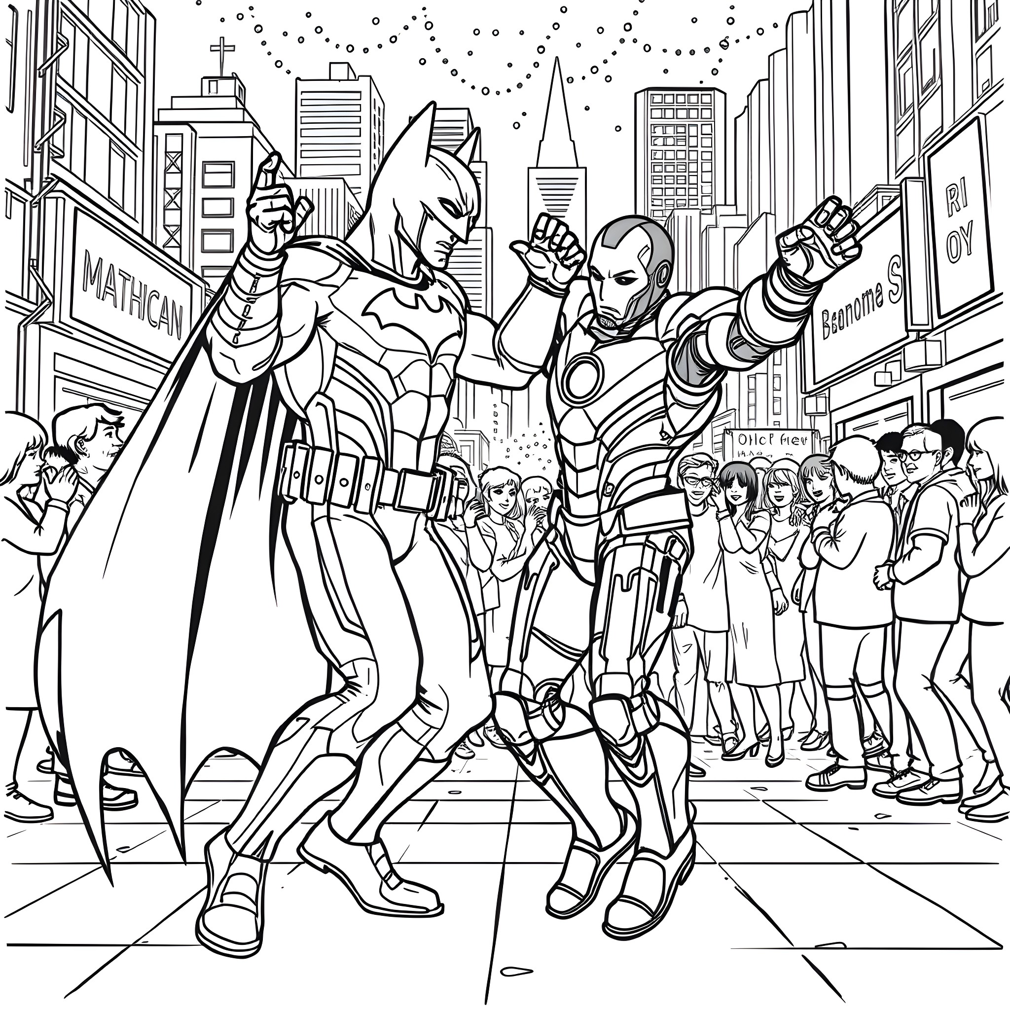 Batman and Iron Man's Epic Encounter in the City Streets Coloring Page (free black-and-white line drawing printable PDF for all, from beginners to advanced learners, including children, teens, adults, and seniors)
