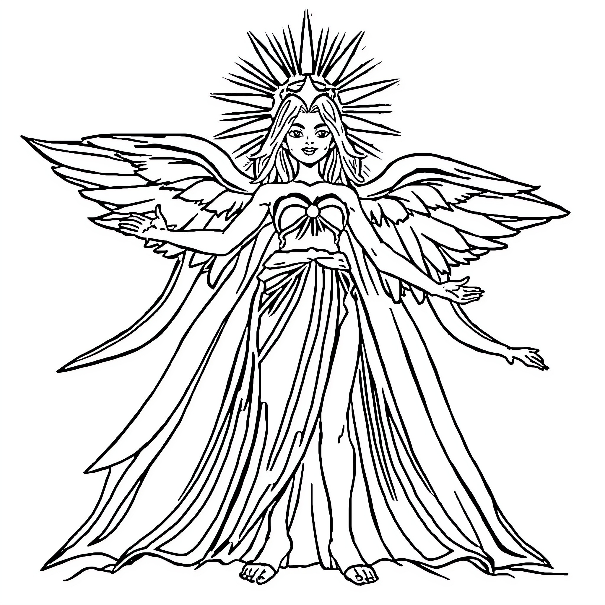 God's Majestic Angel with Radiant Splendor Coloring Page (free black-and-white line drawing printable PDF for all, from beginners to advanced learners, including children, teens, adults, and seniors)