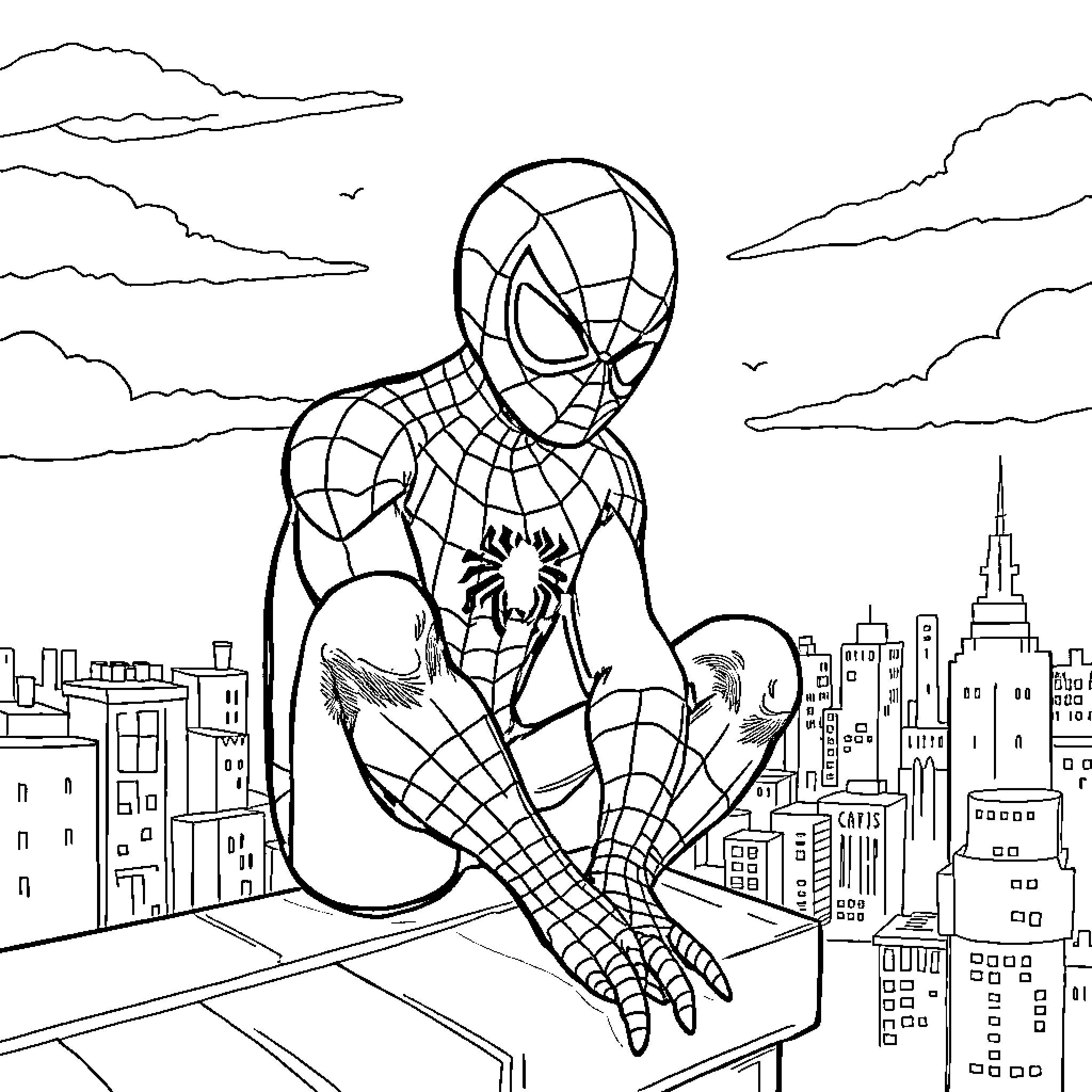 Spiderman leaping over the city skyline Coloring Page (free black-and-white line drawing printable PDF for all, from beginners to advanced learners, including children, teens, adults, and seniors)