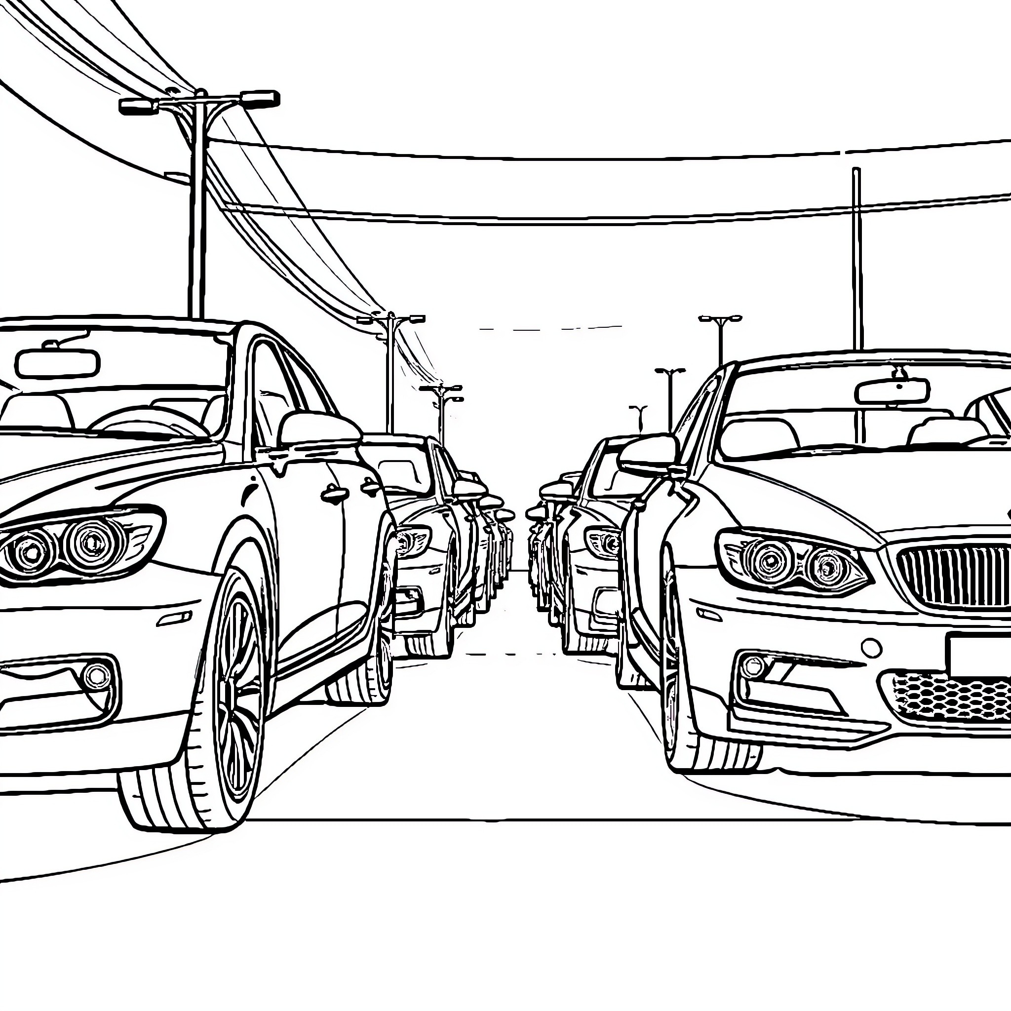 Car Parked on the Street in a Row Coloring Page (free black-and-white line drawing printable PDF for all, from beginners to advanced learners, including children, teens, adults, and seniors)