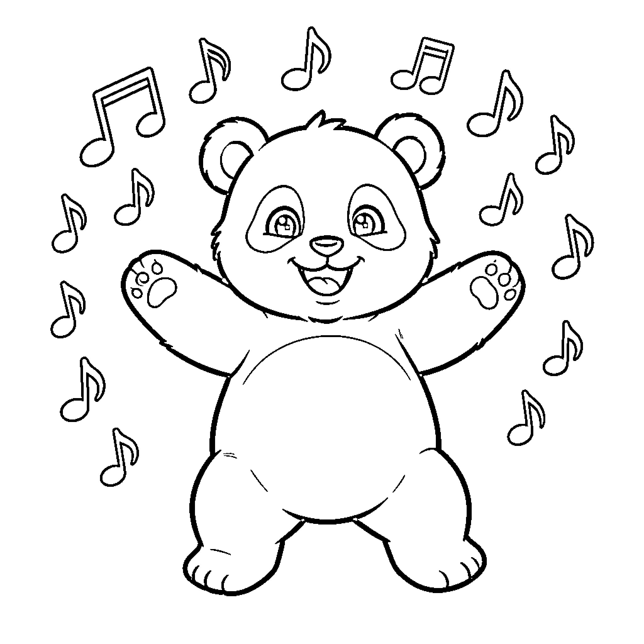 Panda dancing with musical notes Coloring Page (free black-and-white line drawing printable PDF for all, from beginners to advanced learners, including children, teens, adults, and seniors)