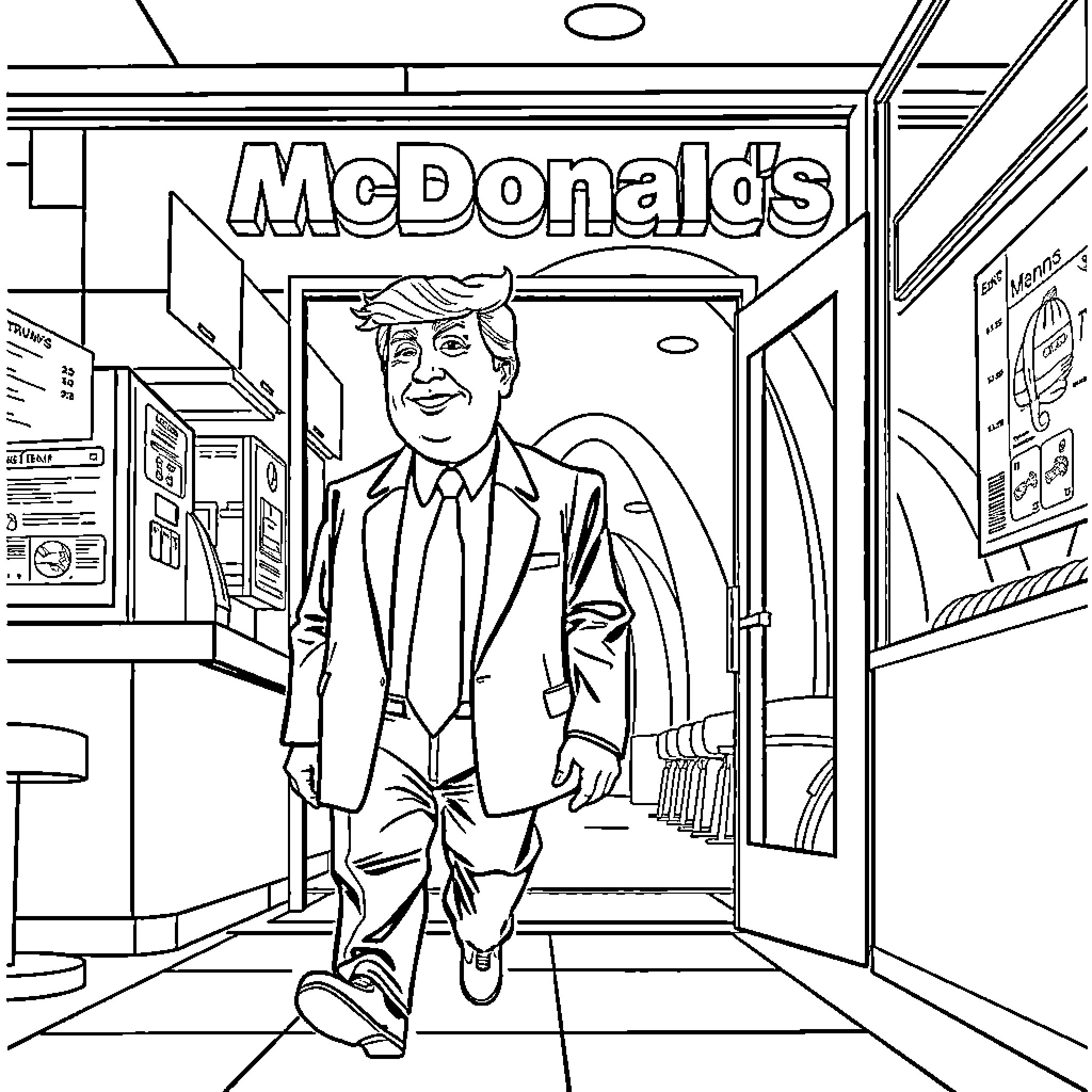 Donald Trump entering a McDonald's restaurant Coloring Page (free black-and-white line drawing printable PDF for all, from beginners to advanced learners, including children, teens, adults, and seniors)
