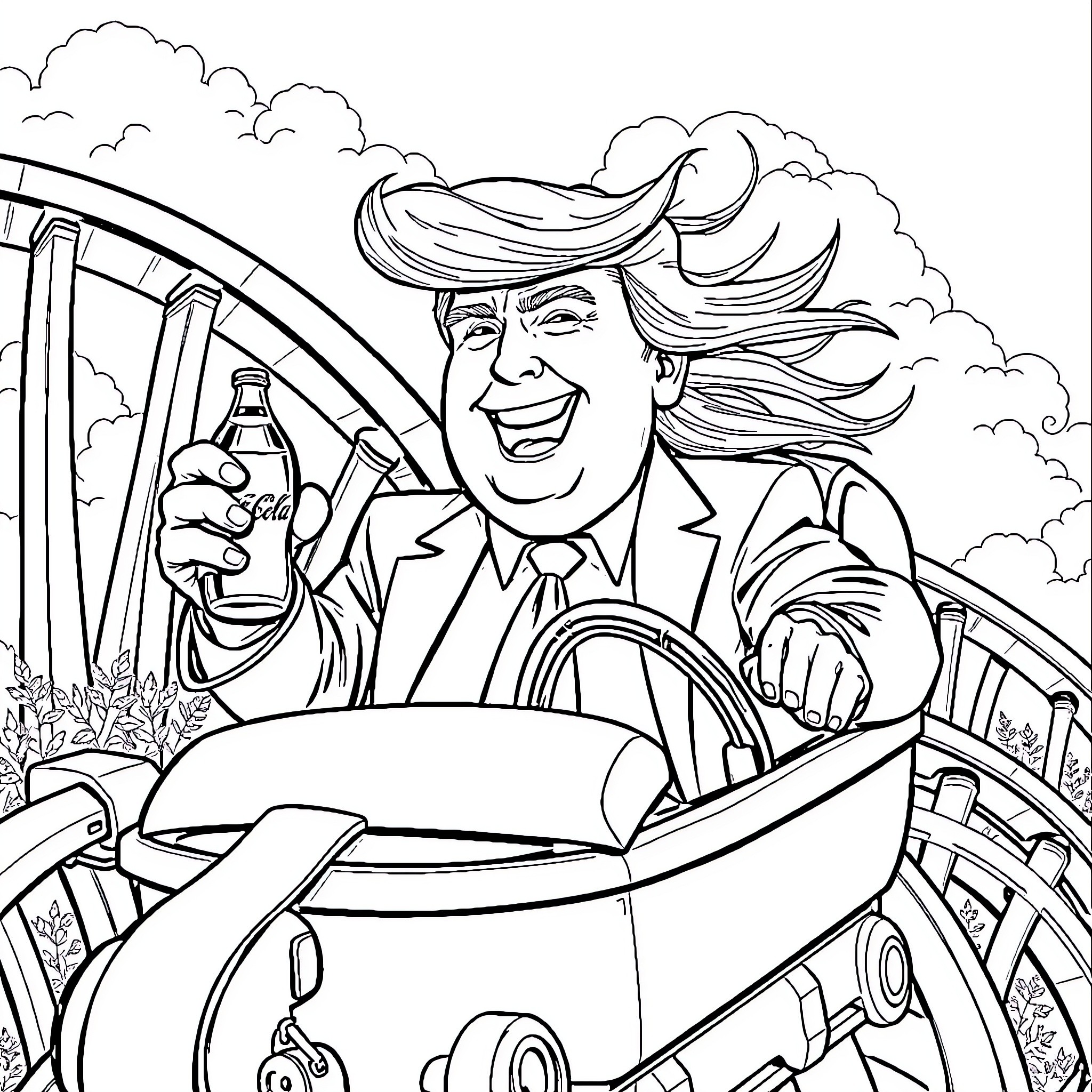 Trump driving a caricature car with a cheerful expression Coloring Page (free black-and-white line drawing printable PDF for all, from beginners to advanced learners, including children, teens, adults, and seniors)