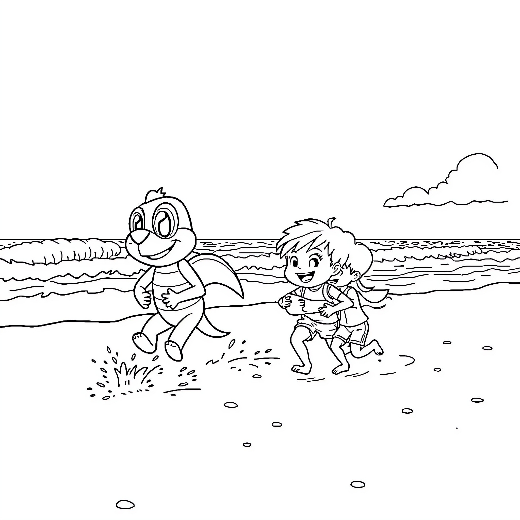Paw Patrol characters playing at the beach Coloring Page (free black-and-white line drawing printable PDF for all, from beginners to advanced learners, including children, teens, adults, and seniors)