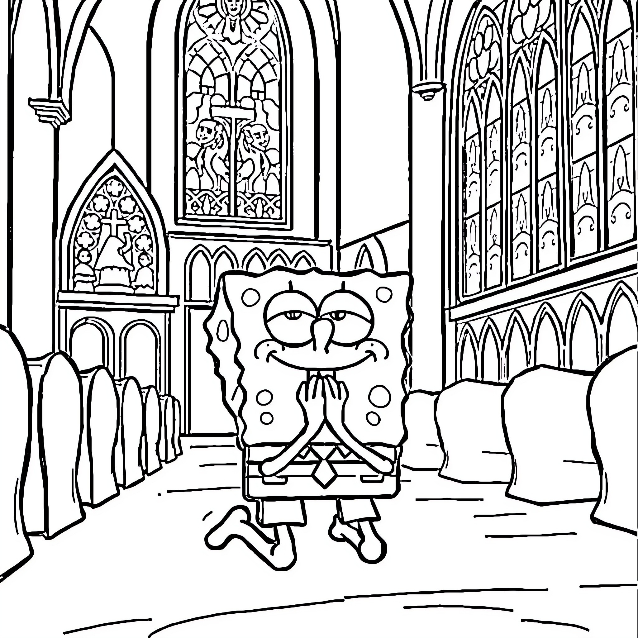 Spongebob in an ornate cathedral setting Coloring Page (free black-and-white line drawing printable PDF for all, from beginners to advanced learners, including children, teens, adults, and seniors)