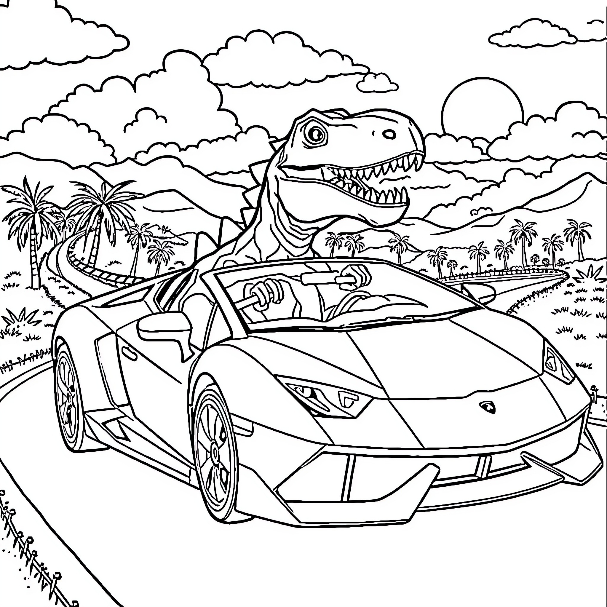 Dinosaur riding a sports car through a tropical landscape Coloring Page (free black-and-white line drawing printable PDF for all, from beginners to advanced learners, including children, teens, adults, and seniors)
