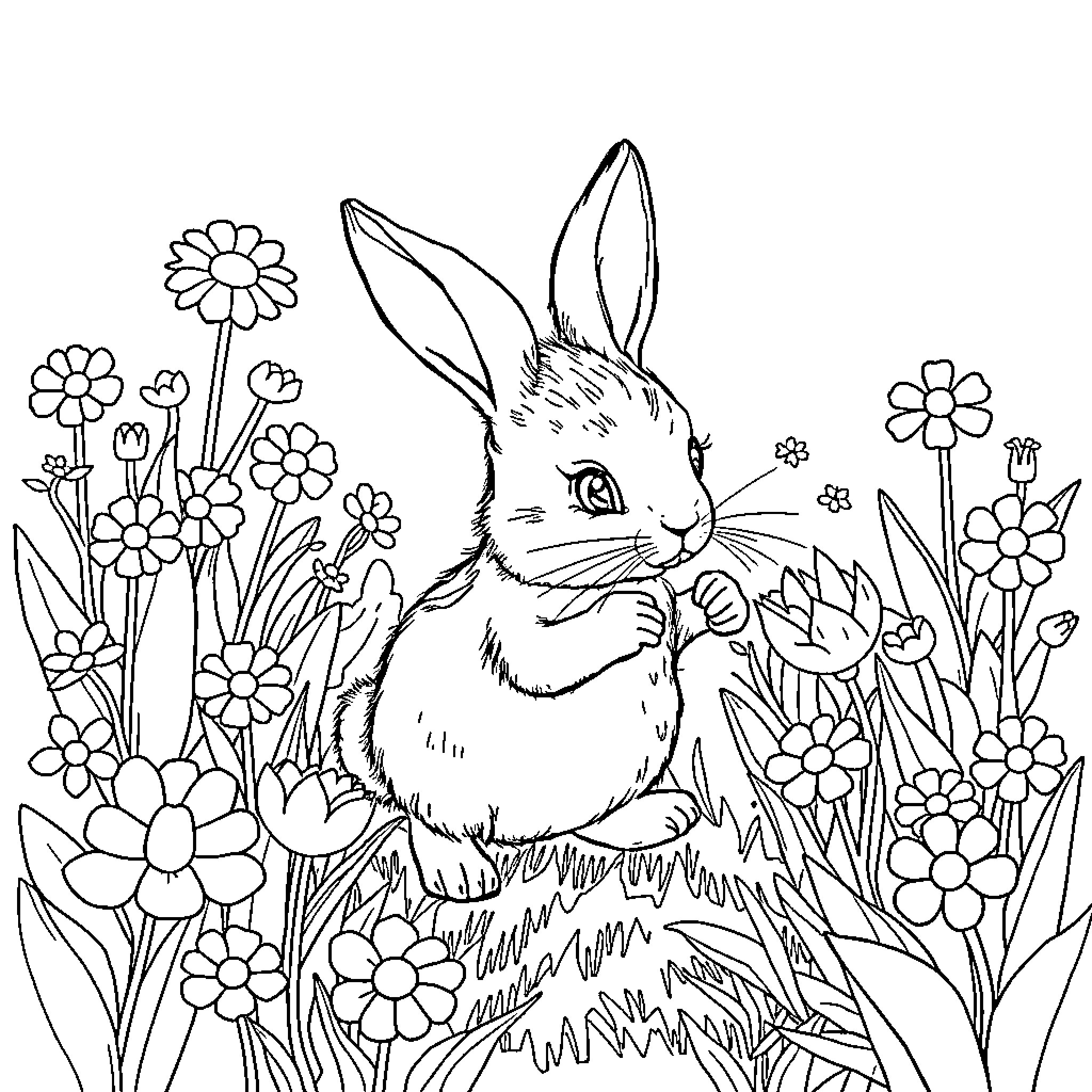 Bunny nestled in a field of flowers Coloring Page (free black-and-white line drawing printable PDF for all, from beginners to advanced learners, including children, teens, adults, and seniors)
