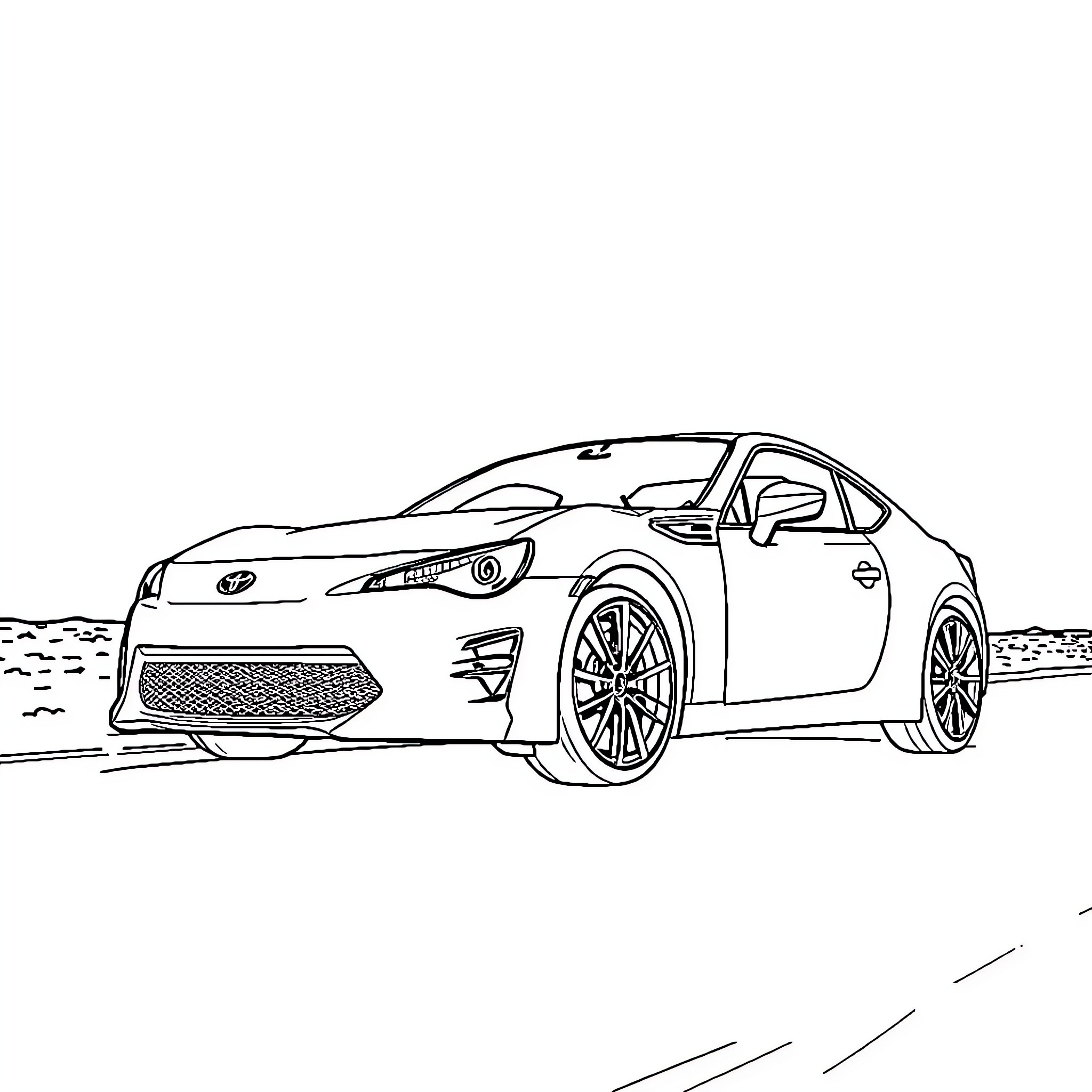 Toyota sports car driving on the road Coloring Page (free black-and-white line drawing printable PDF for all, from beginners to advanced learners, including children, teens, adults, and seniors)