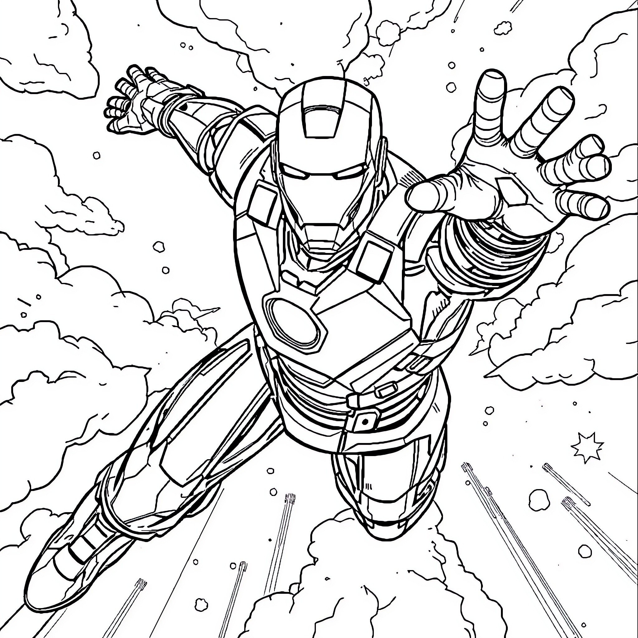 Iron Man flying through the sky with power and action Coloring Page (free black-and-white line drawing printable PDF for all, from beginners to advanced learners, including children, teens, adults, and seniors)