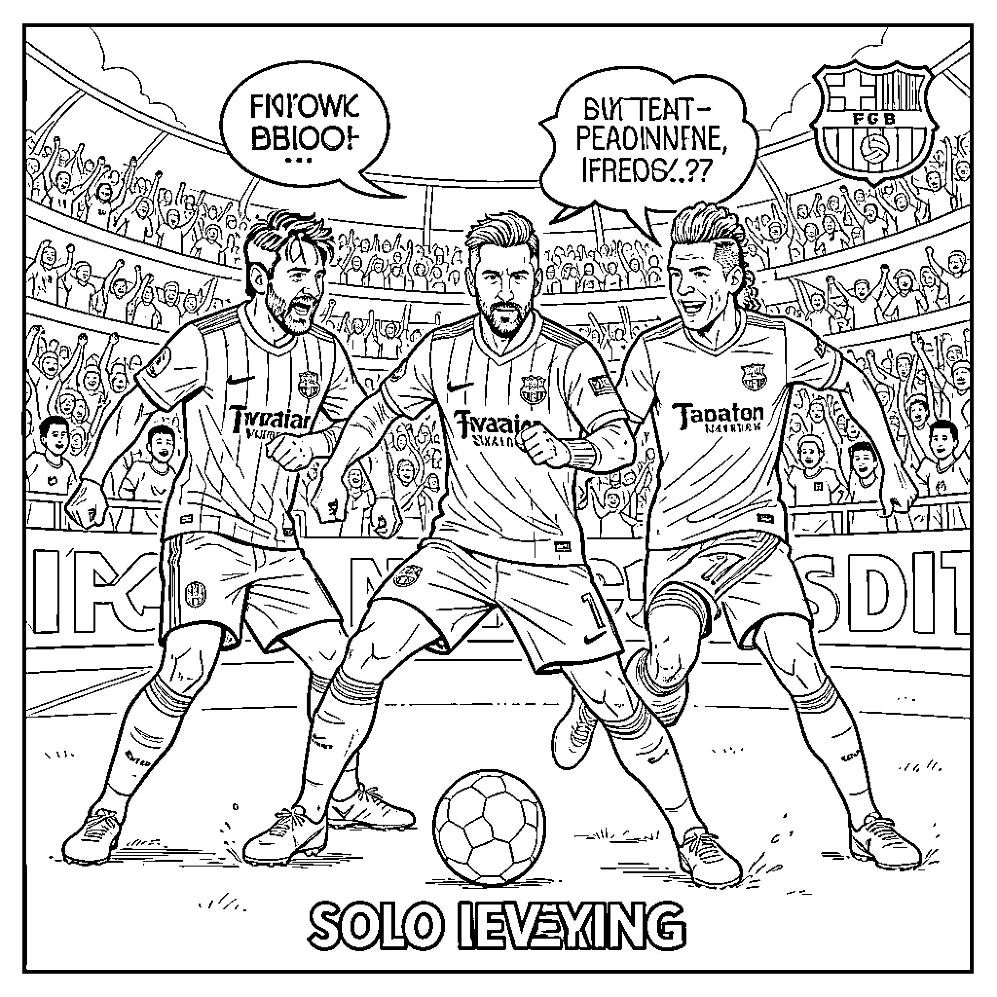 Soccer Player dribbling the ball amidst cheering fans Coloring Page (free black-and-white line drawing printable PDF for all, from beginners to advanced learners, including children, teens, adults, and seniors)