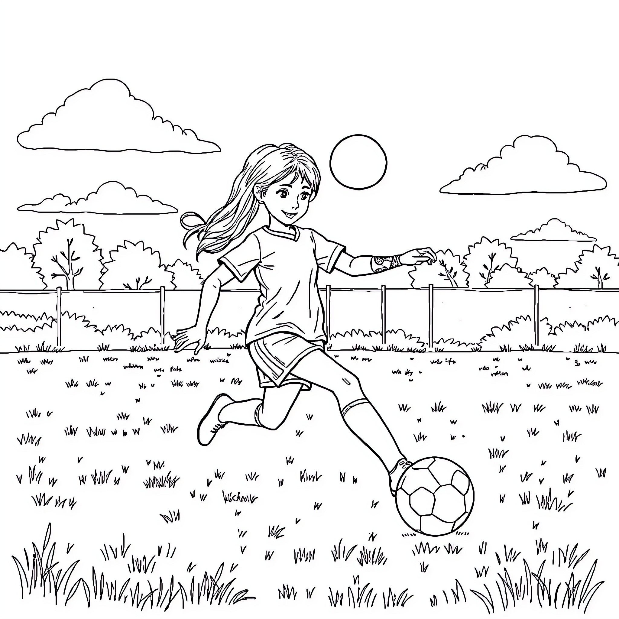 Girl playing happily with soccer ball in the field Coloring Page (free black-and-white line drawing printable PDF for all, from beginners to advanced learners, including children, teens, adults, and seniors)