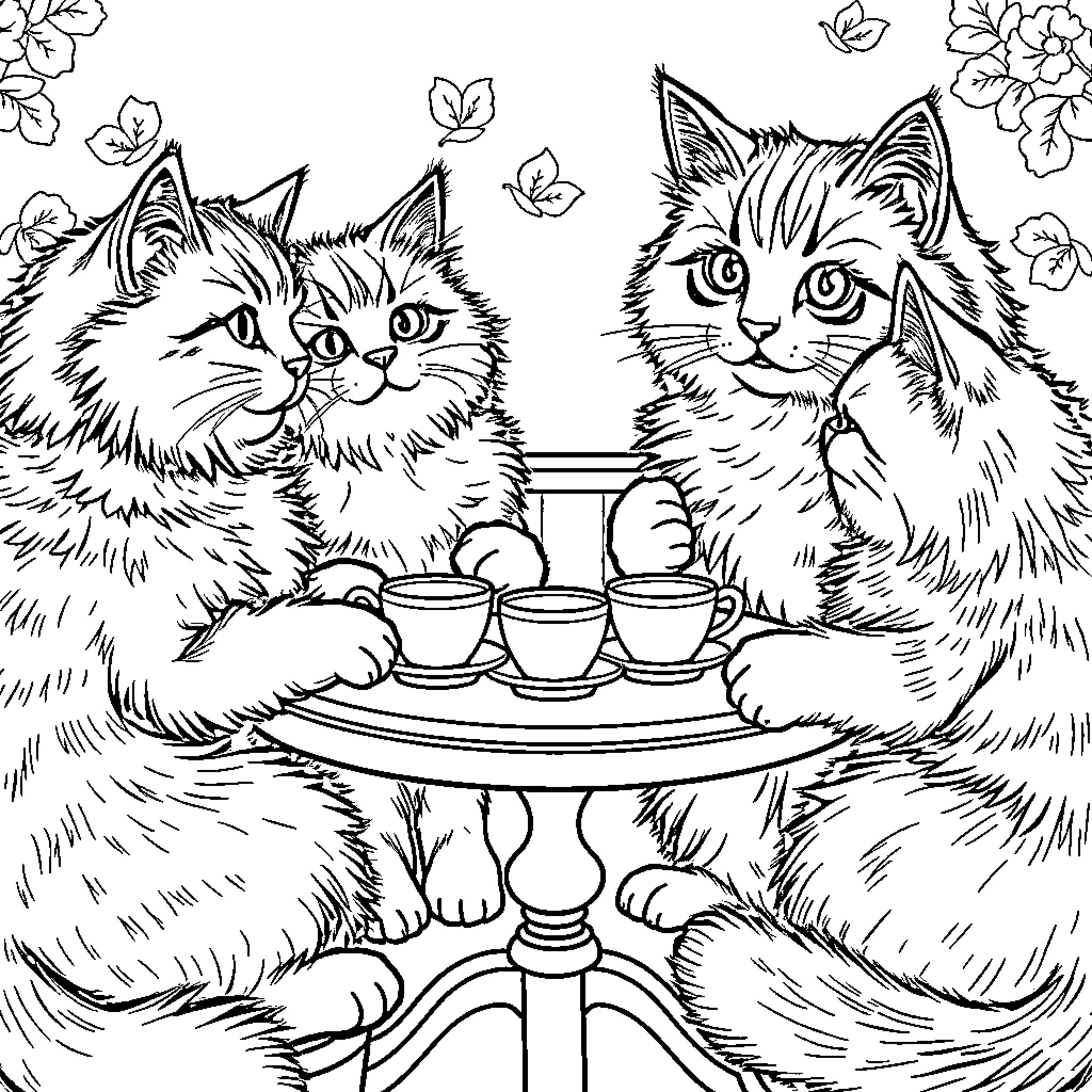 Cats enjoying tea time in the garden Coloring Page (free black-and-white line drawing printable PDF for all, from beginners to advanced learners, including children, teens, adults, and seniors)