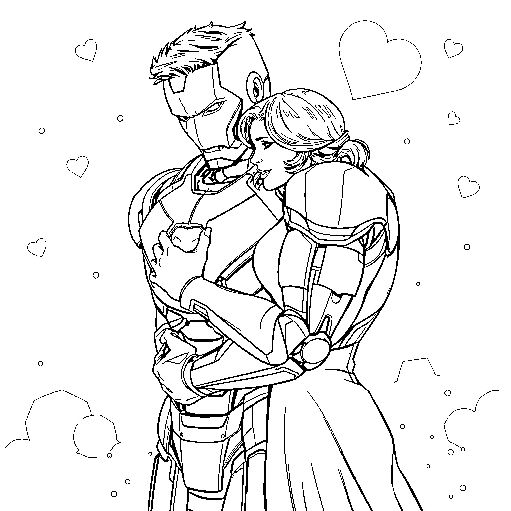 Iron Man embracing a woman with affection Coloring Page (free black-and-white line drawing printable PDF for all, from beginners to advanced learners, including children, teens, adults, and seniors)