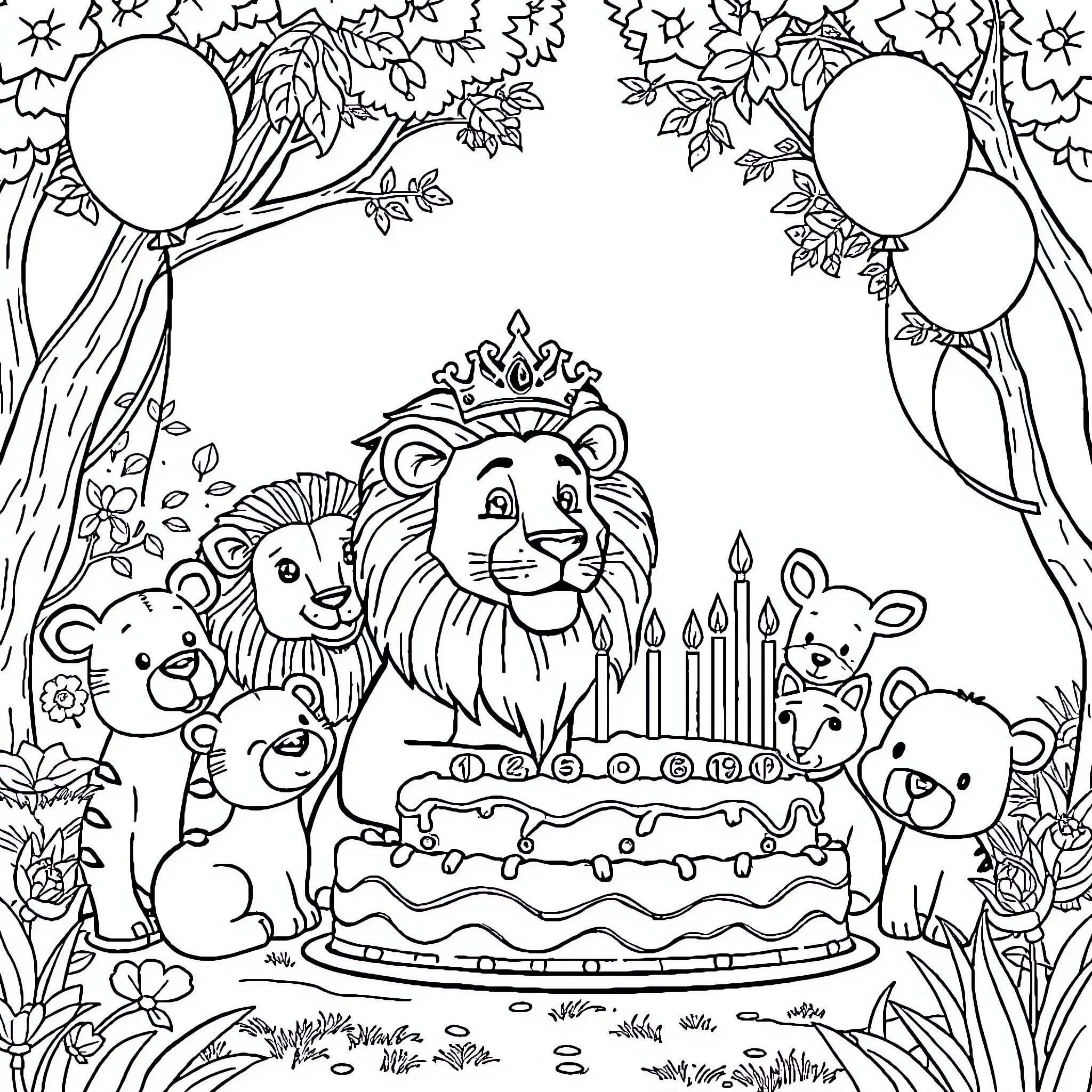 Lion Birthday Party in the Forest Coloring Page (free black-and-white line drawing printable PDF for all, from beginners to advanced learners, including children, teens, adults, and seniors)