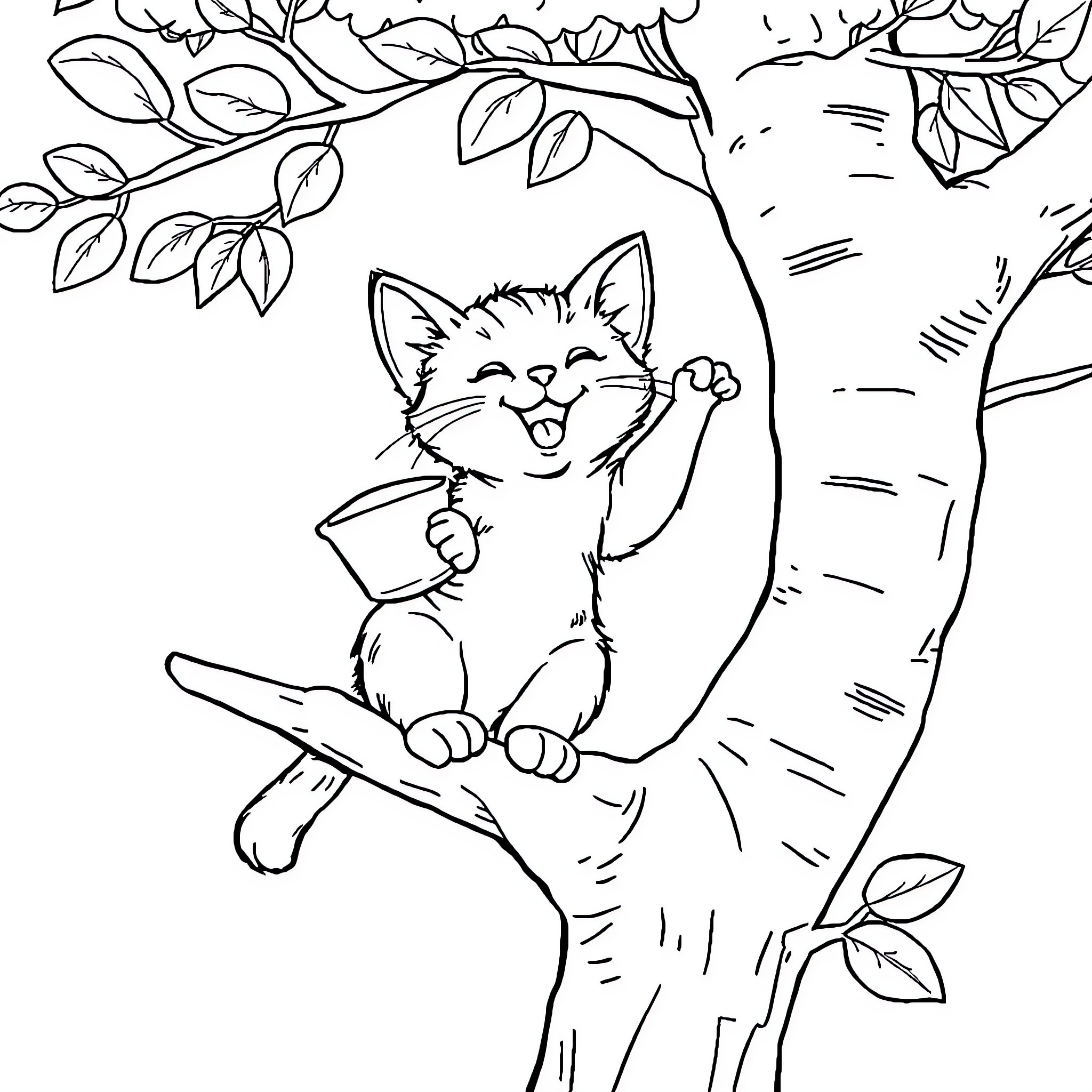 Cat enjoying a cozy spot on a tree Coloring Page (free black-and-white line drawing printable PDF for all, from beginners to advanced learners, including children, teens, adults, and seniors)