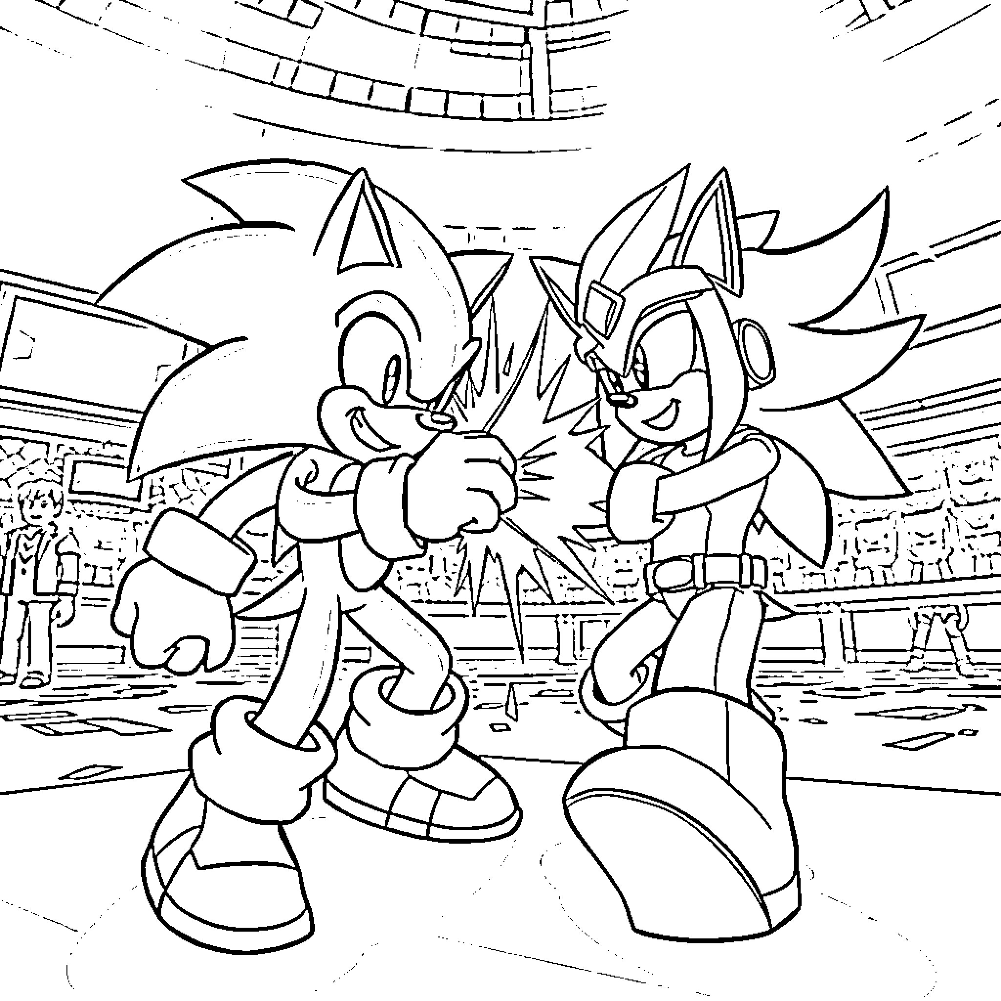 Roblox Characters in Animated Battle Scene Coloring Page (free black-and-white line drawing printable PDF for all, from beginners to advanced learners, including children, teens, adults, and seniors)