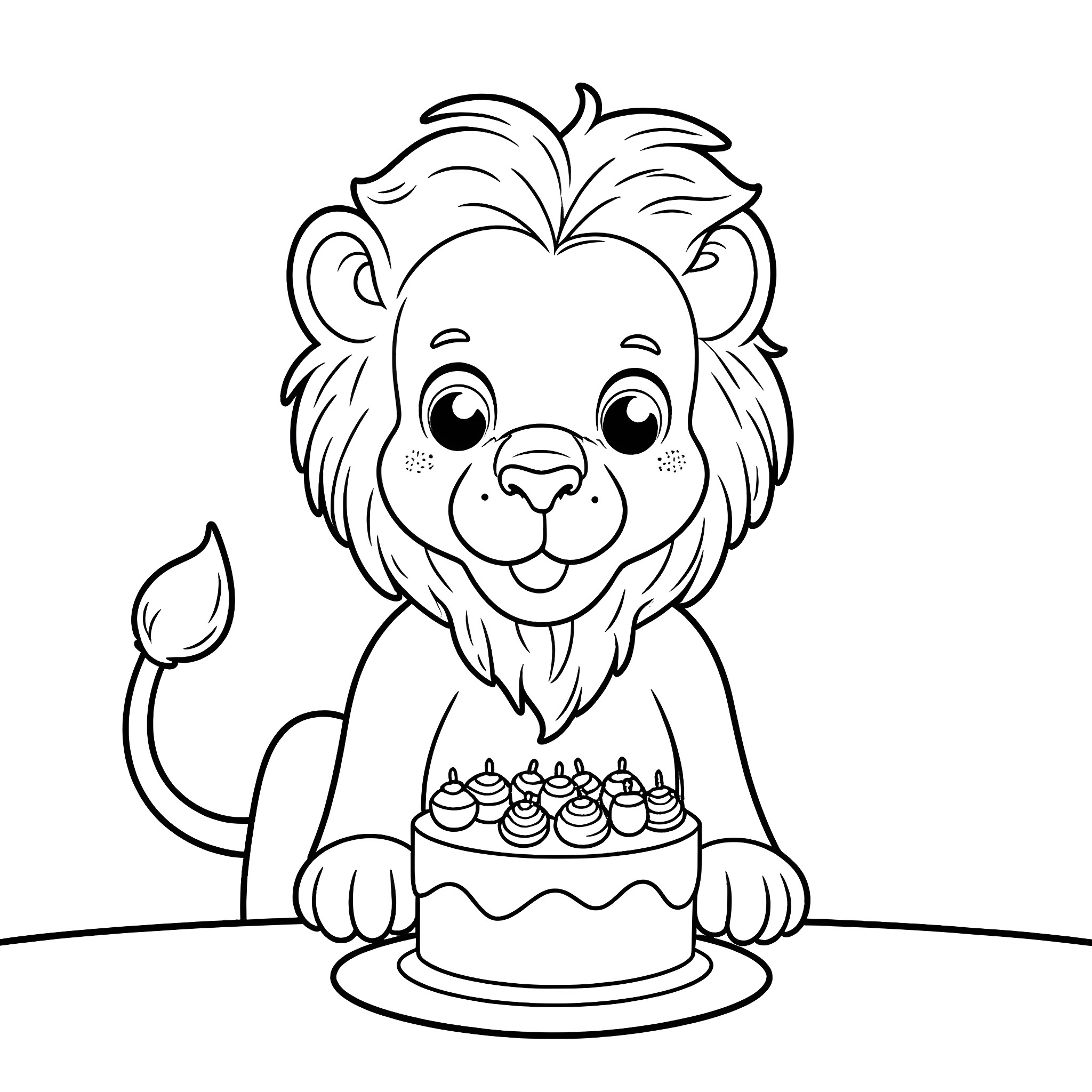 Lion celebrating birthday with cake Coloring Page (free black-and-white line drawing printable PDF for all, from beginners to advanced learners, including children, teens, adults, and seniors)