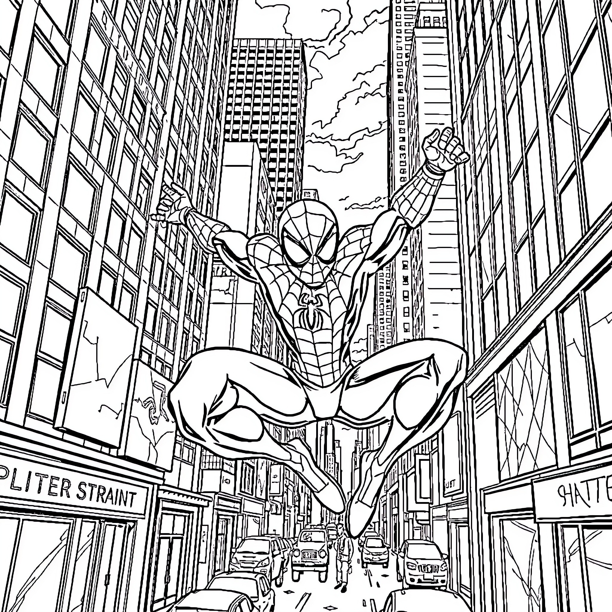 Spiderman swinging through the city skyline Coloring Page (free black-and-white line drawing printable PDF for all, from beginners to advanced learners, including children, teens, adults, and seniors)