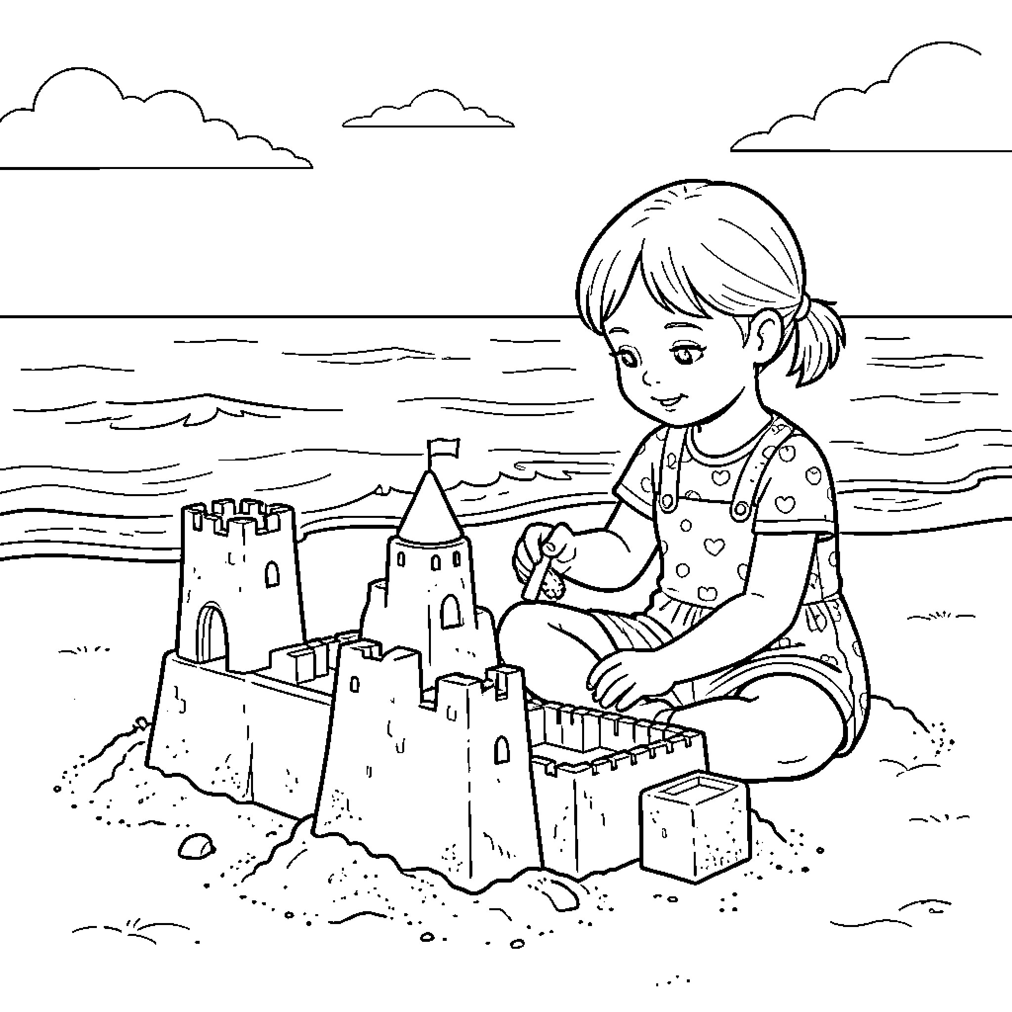 Fillette building a large sandcastle on the beach Coloring Page (free black-and-white line drawing printable PDF for all, from beginners to advanced learners, including children, teens, adults, and seniors)