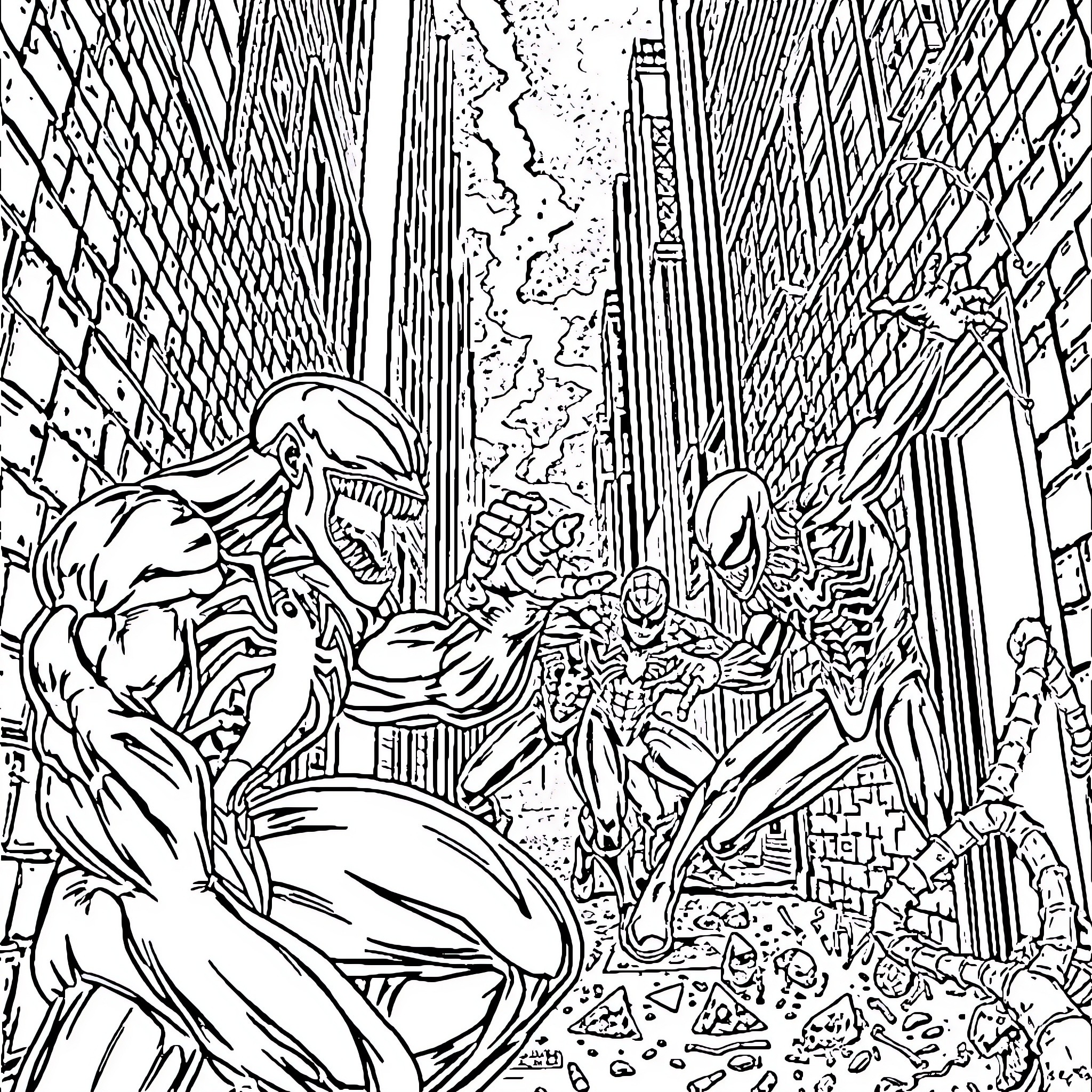 Spiderman battling supervillains in the city Coloring Page (free black-and-white line drawing printable PDF for all, from beginners to advanced learners, including children, teens, adults, and seniors)