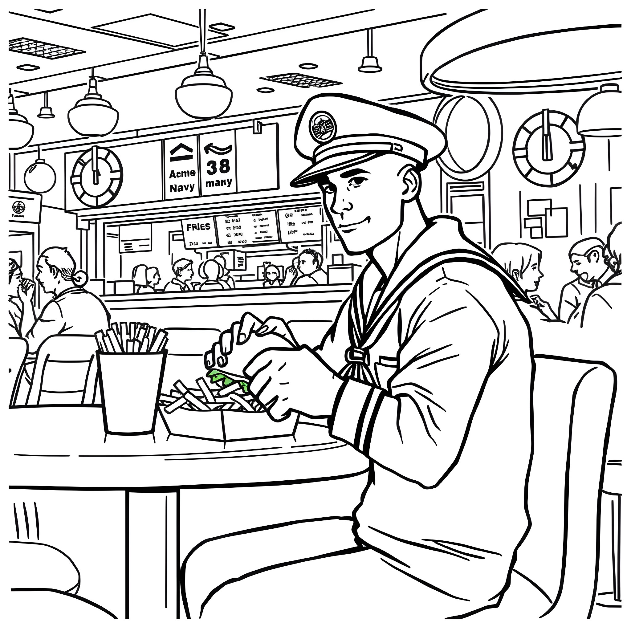 Sailor working diligently at the ship's canteen Coloring Page (free black-and-white line drawing printable PDF for all, from beginners to advanced learners, including children, teens, adults, and seniors)