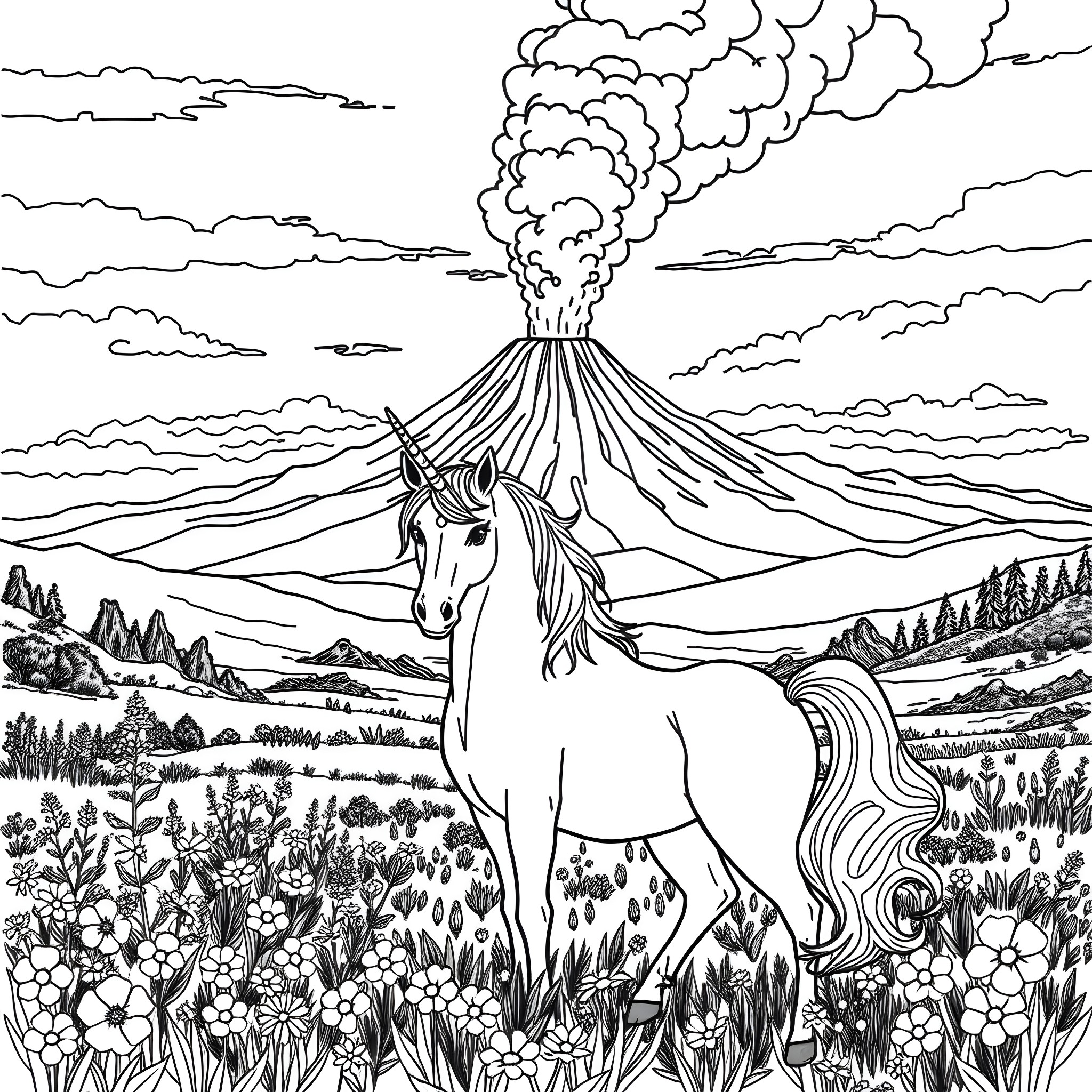 Unicorn in volcanic landscape with erupting volcano Coloring Page (free black-and-white line drawing printable PDF for all, from beginners to advanced learners, including children, teens, adults, and seniors)