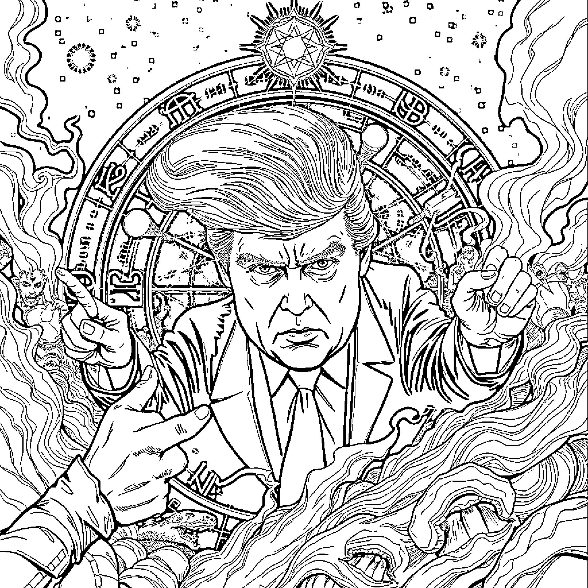 Astrology - Mystic symbols and a powerful figure Coloring Page (free black-and-white line drawing printable PDF for all, from beginners to advanced learners, including children, teens, adults, and seniors)