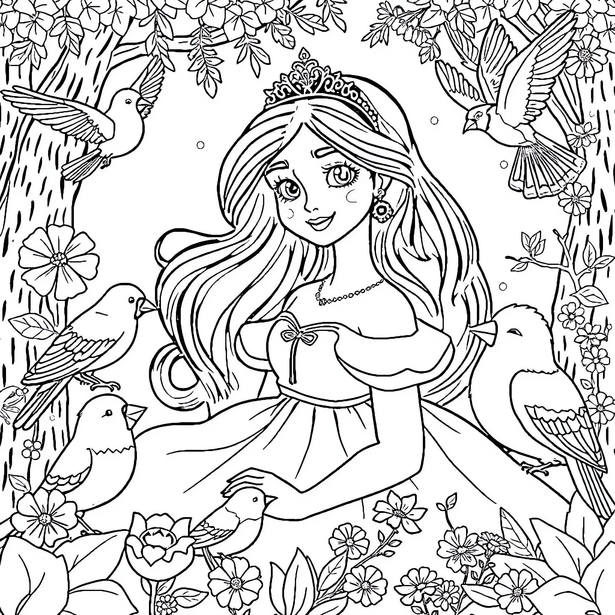 Snow White surrounded by nature and animals Coloring Page (free black-and-white line drawing printable PDF for all, from beginners to advanced learners, including children, teens, adults, and seniors)