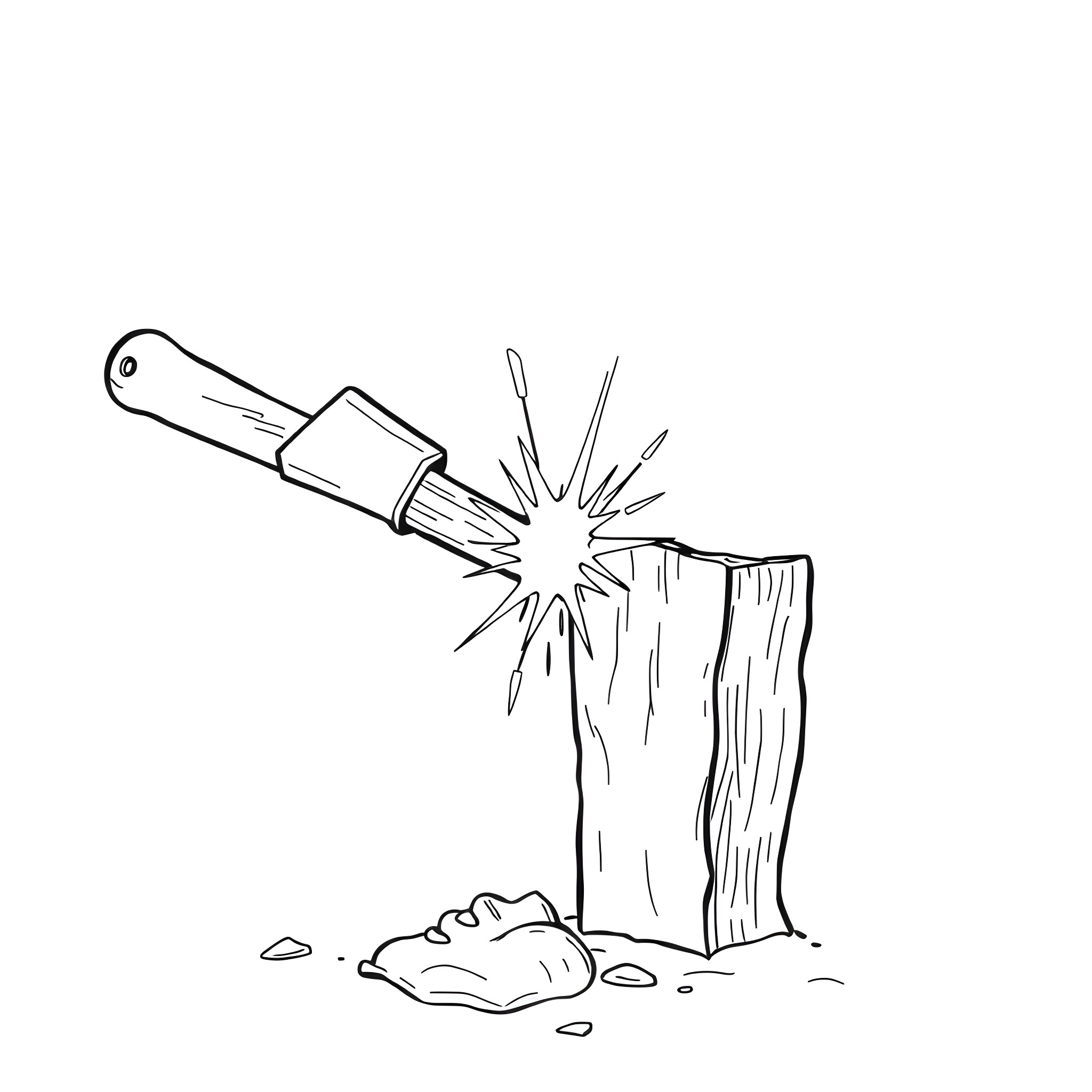 Hammer striking wood with sparks Coloring Page (free black-and-white line drawing printable PDF for all, from beginners to advanced learners, including children, teens, adults, and seniors)